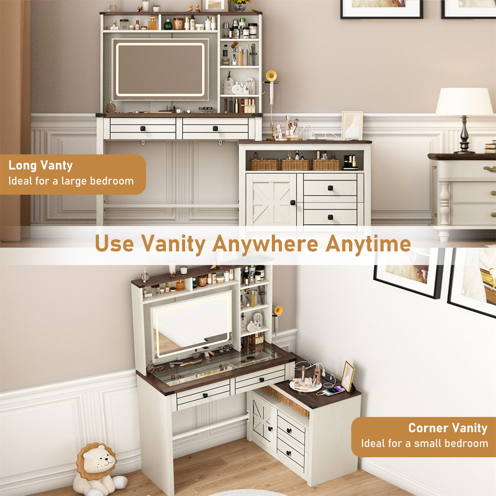 65'' Large Vanity Desk with Sliding Lighted Mirror and Power Outlets, Glass Tabletop Makeup Vanity Corner Vanity with 5 Drawers & 7 Shelves