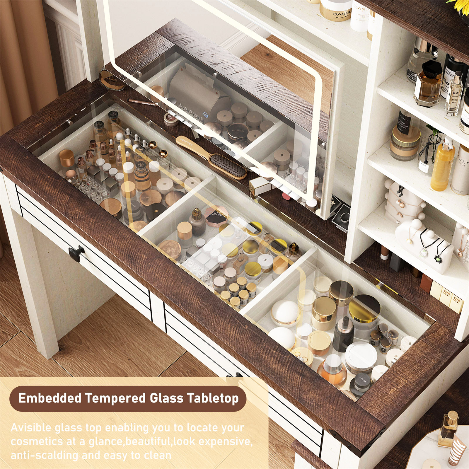 65'' Large Vanity Desk with Sliding Lighted Mirror and Power Outlets, Glass Tabletop Makeup Vanity Corner Vanity with 5 Drawers & 7 Shelves