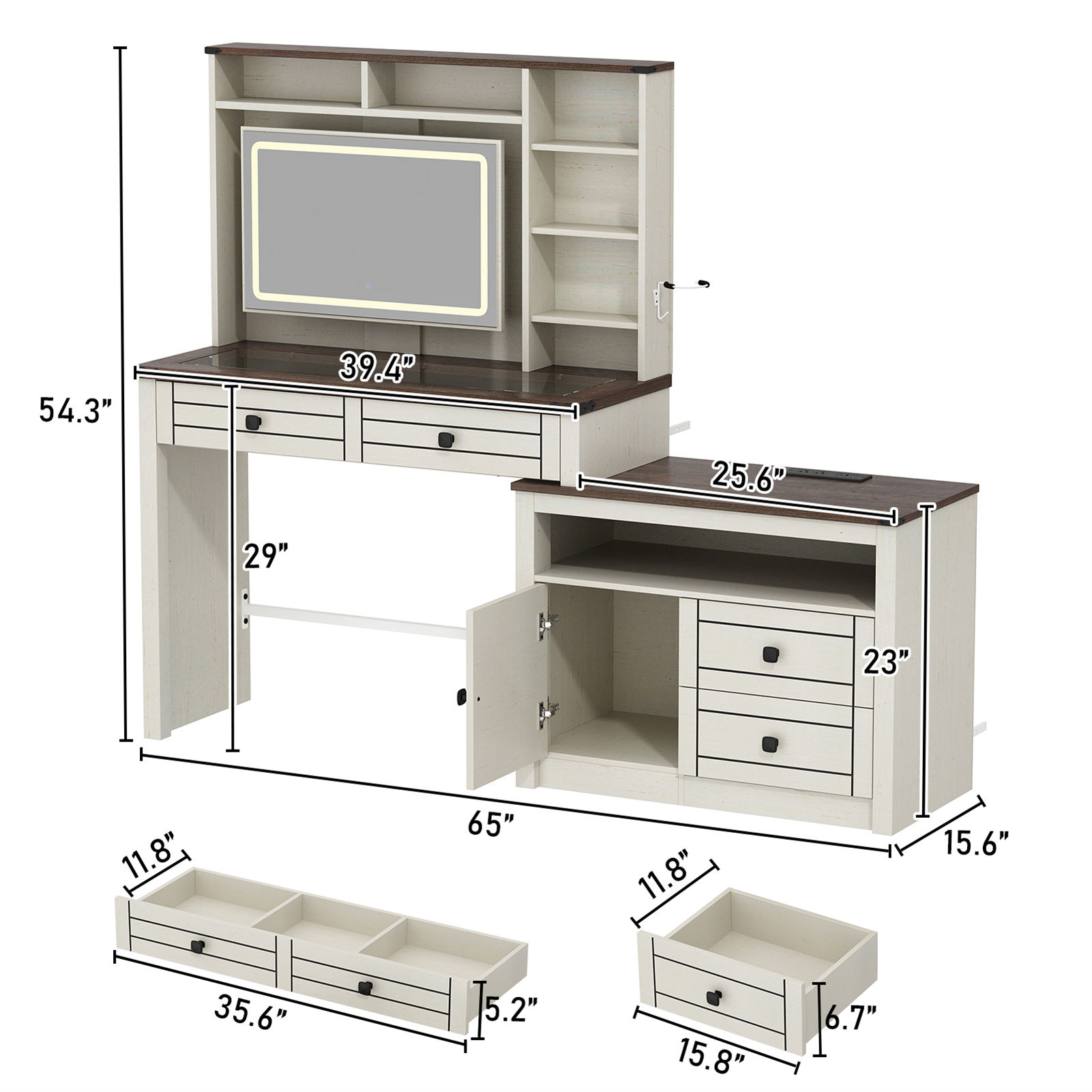 65'' Large Vanity Desk with Sliding Lighted Mirror and Power Outlets, Glass Tabletop Makeup Vanity Corner Vanity with 5 Drawers & 7 Shelves