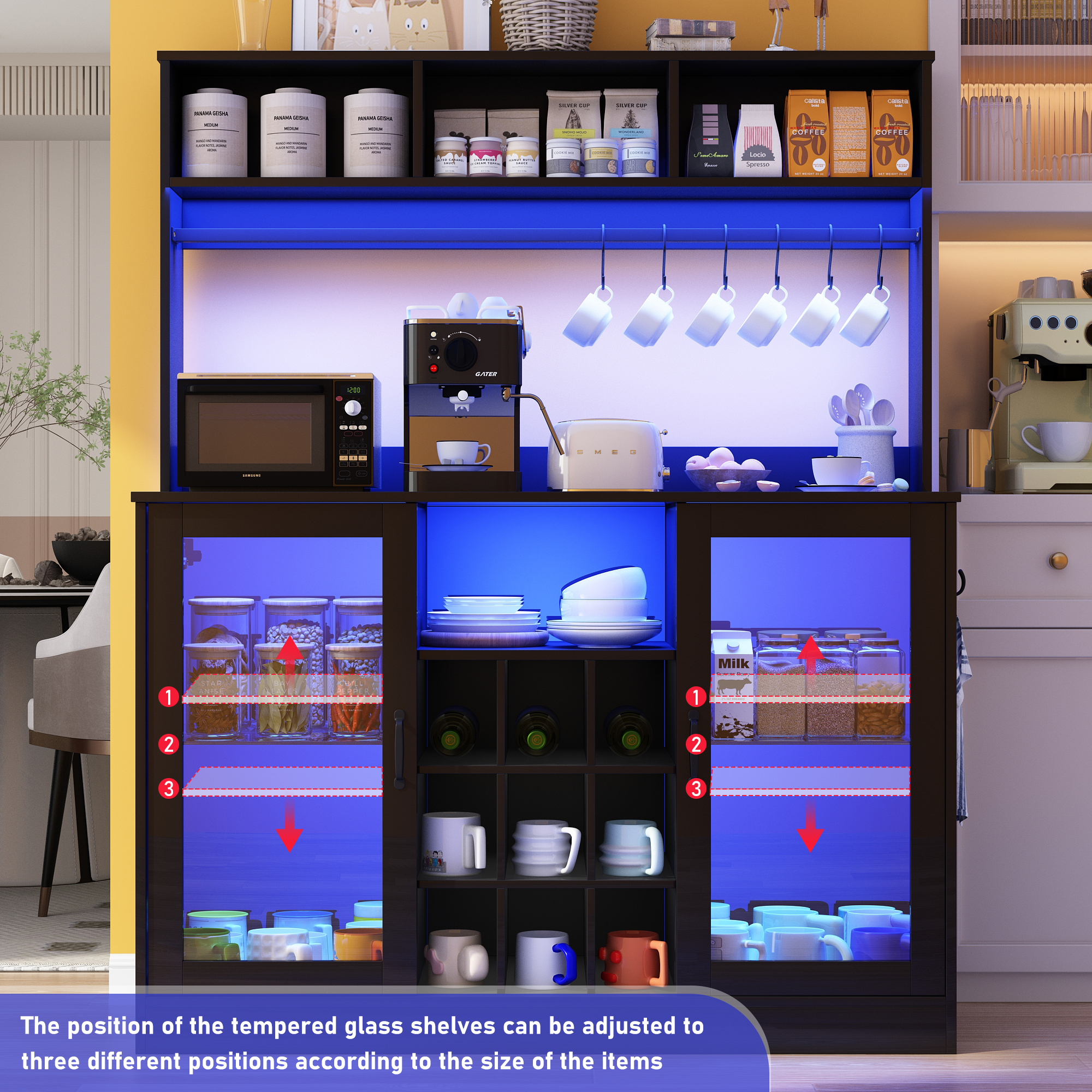 Chvans LED Coffee Bar Cabinet, 58" Tall Bar Cabinet with 2 LED Lights Strips & Power Outlet, Sideboard Buffet Cabinet with Storage Glass Door, Adjustable Glass Shelf, 9 Wine Racks, 6 Hooks