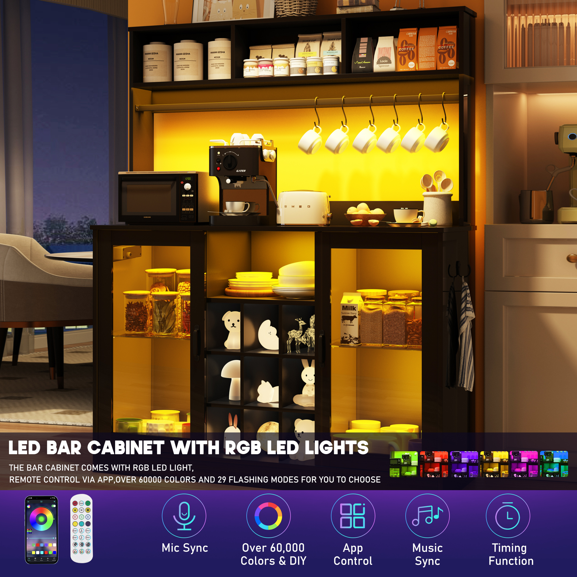 Chvans LED Coffee Bar Cabinet, 58" Tall Bar Cabinet with 2 LED Lights Strips & Power Outlet, Sideboard Buffet Cabinet with Storage Glass Door, Adjustable Glass Shelf, 9 Wine Racks, 6 Hooks