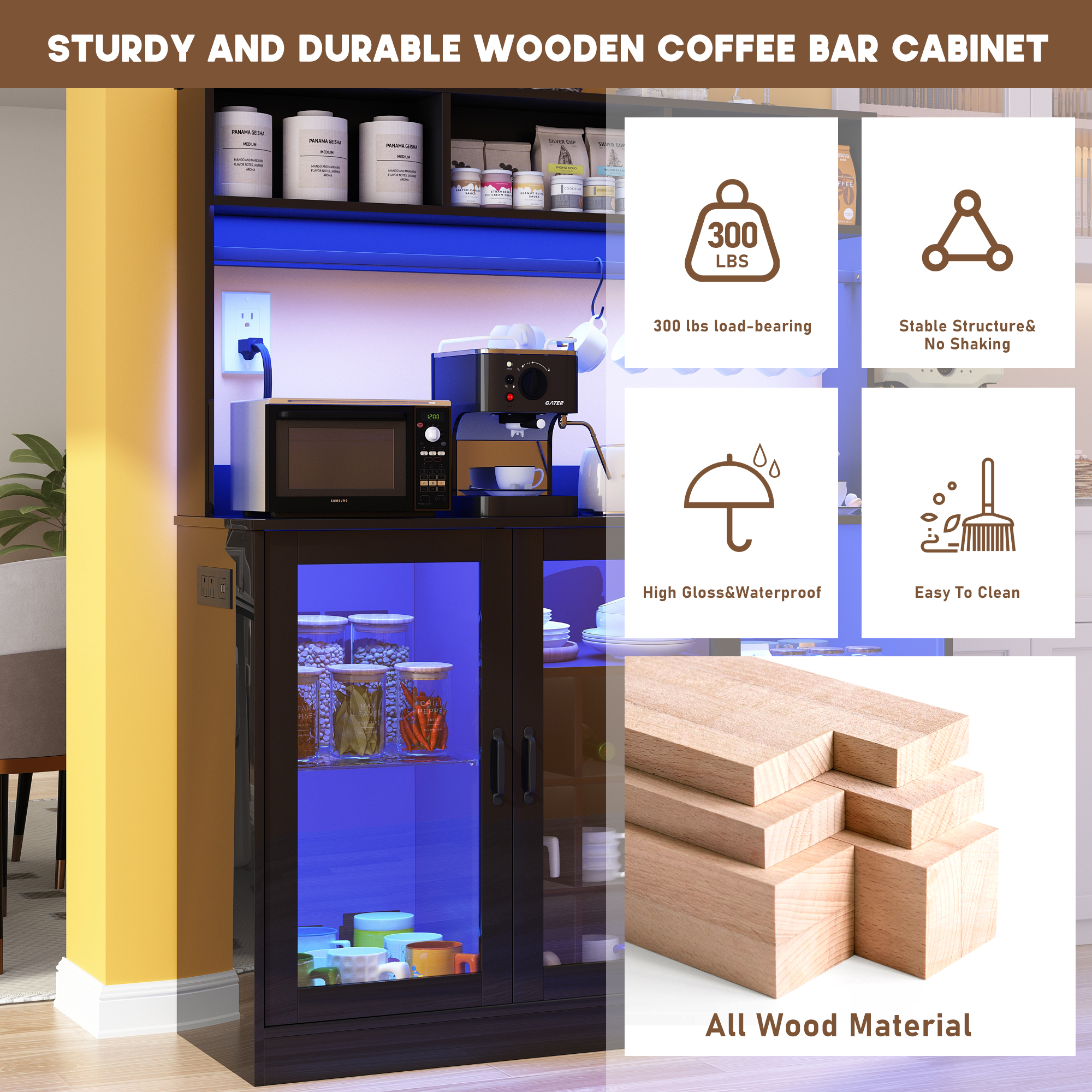 Chvans LED Coffee Bar Cabinet, 58" Tall Bar Cabinet with 2 LED Lights Strips & Power Outlet, Sideboard Buffet Cabinet with Storage Glass Door, Adjustable Glass Shelf, 9 Wine Racks, 6 Hooks