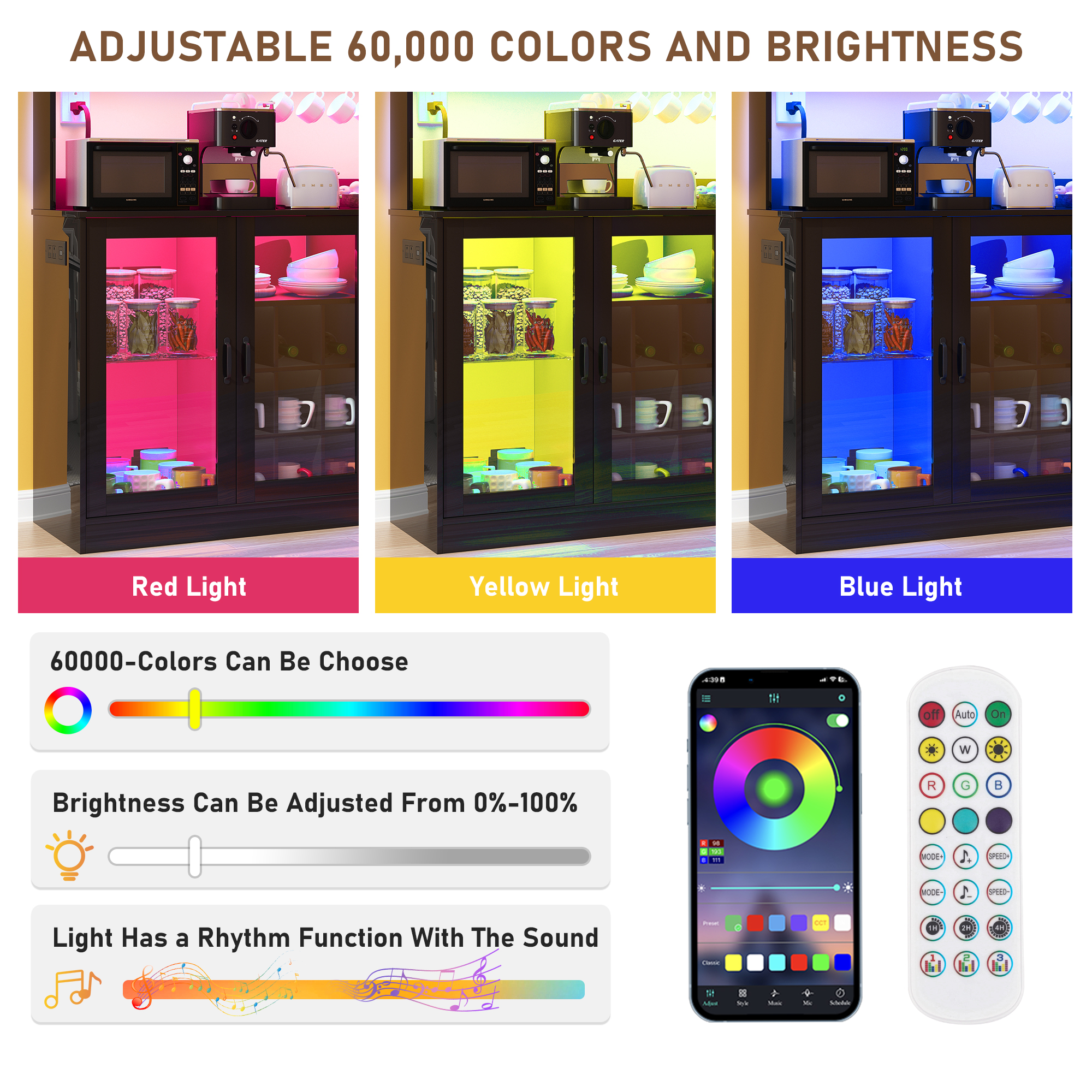 Chvans LED Coffee Bar Cabinet, 58" Tall Bar Cabinet with 2 LED Lights Strips & Power Outlet, Sideboard Buffet Cabinet with Storage Glass Door, Adjustable Glass Shelf, 9 Wine Racks, 6 Hooks