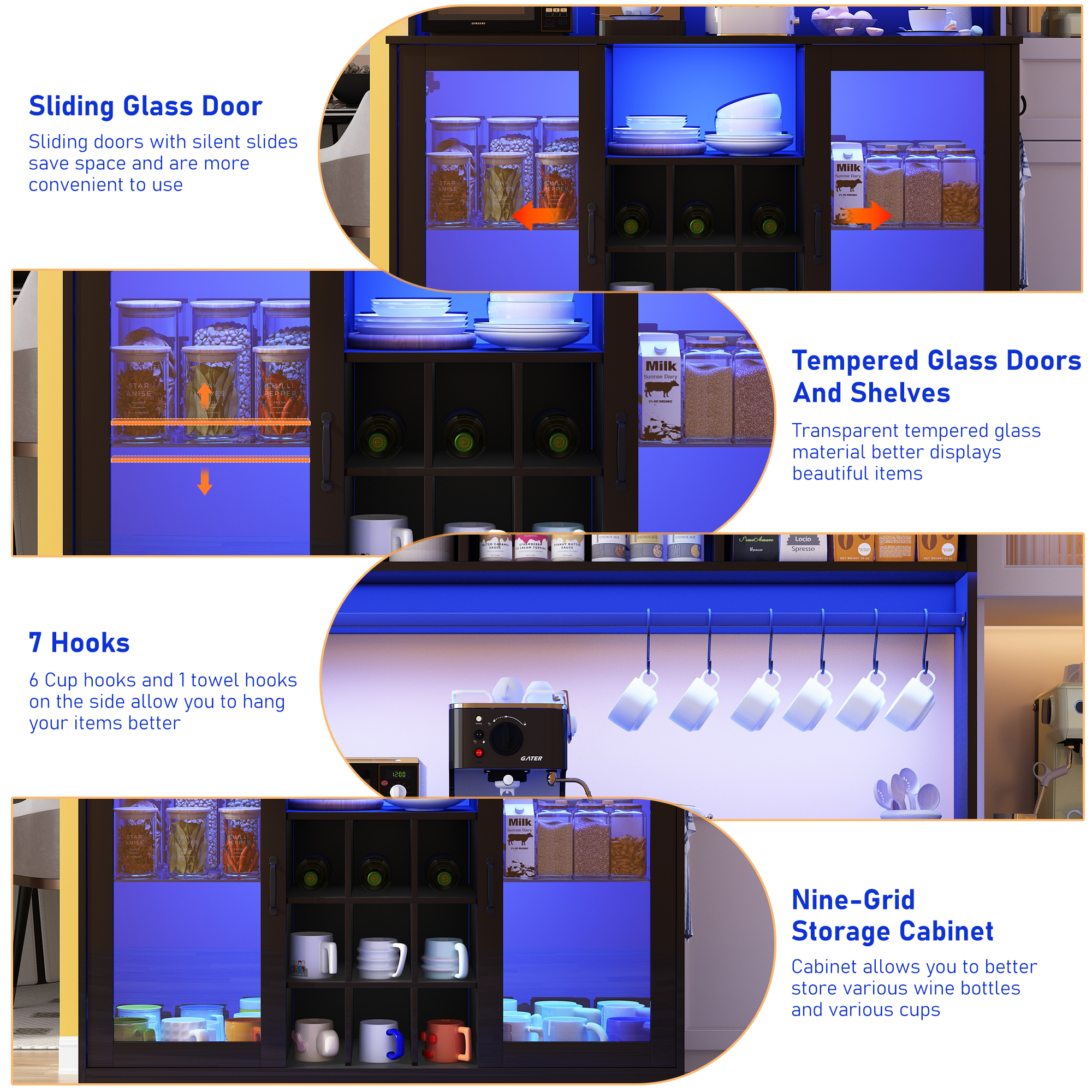 Chvans LED Coffee Bar Cabinet, 58" Tall Bar Cabinet with 2 LED Lights Strips & Power Outlet, Sideboard Buffet Cabinet with Storage Glass Door, Adjustable Glass Shelf, 9 Wine Racks, 6 Hooks