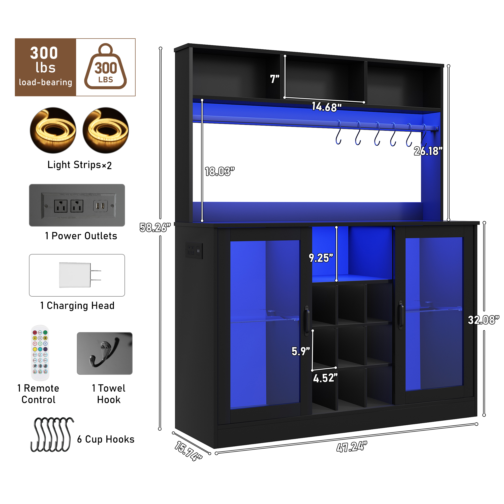 Chvans LED Coffee Bar Cabinet, 58" Tall Bar Cabinet with 2 LED Lights Strips & Power Outlet, Sideboard Buffet Cabinet with Storage Glass Door, Adjustable Glass Shelf, 9 Wine Racks, 6 Hooks