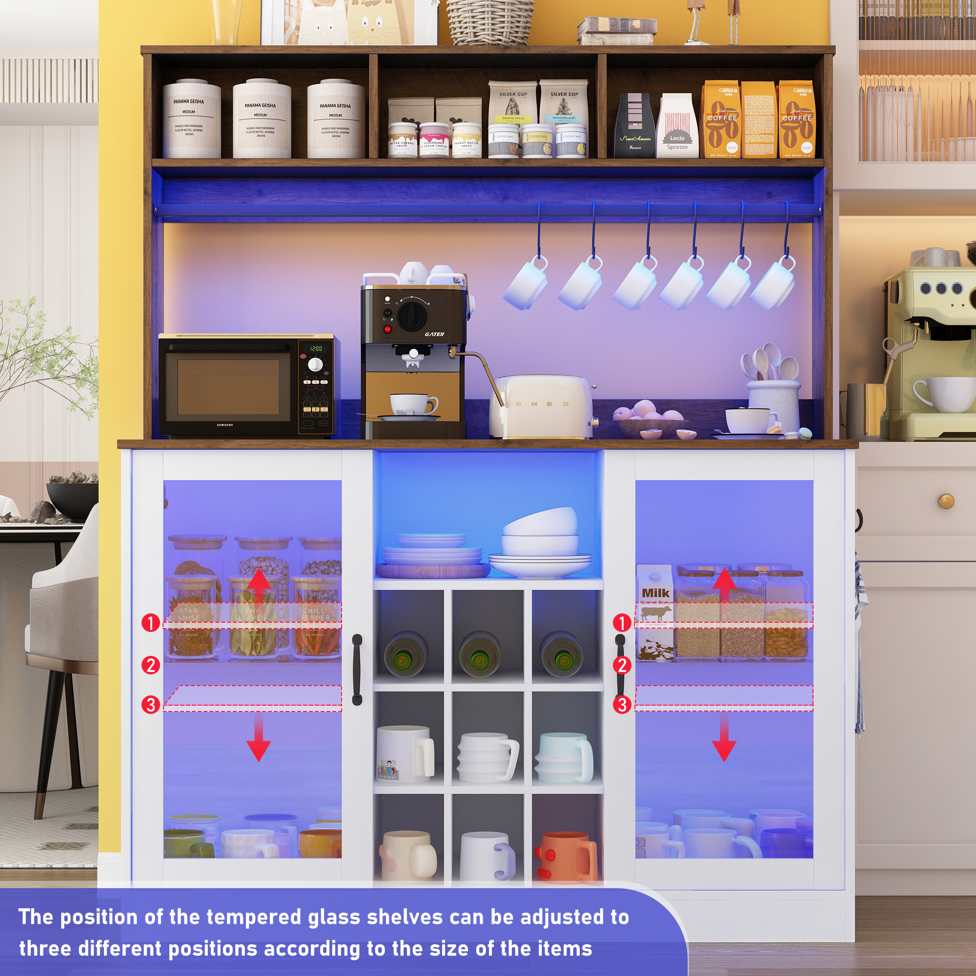 Chvans LED Coffee Bar Cabinet, 58" Tall Bar Cabinet with 2 LED Lights Strips & Power Outlet, Sideboard Buffet Cabinet with Storage Glass Door, Adjustable Glass Shelf, 9 Wine Racks, 6 Hooks