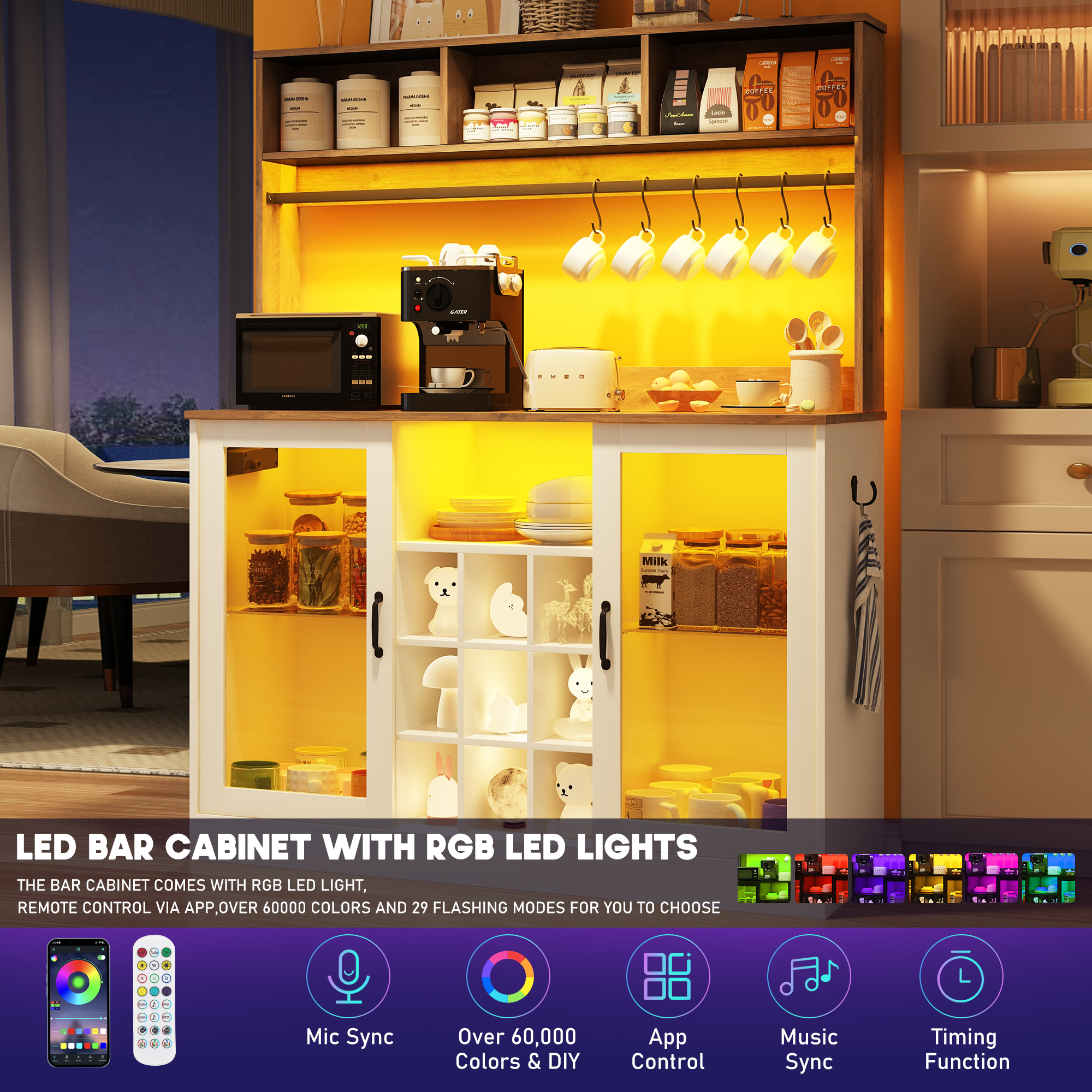 Chvans LED Coffee Bar Cabinet, 58" Tall Bar Cabinet with 2 LED Lights Strips & Power Outlet, Sideboard Buffet Cabinet with Storage Glass Door, Adjustable Glass Shelf, 9 Wine Racks, 6 Hooks