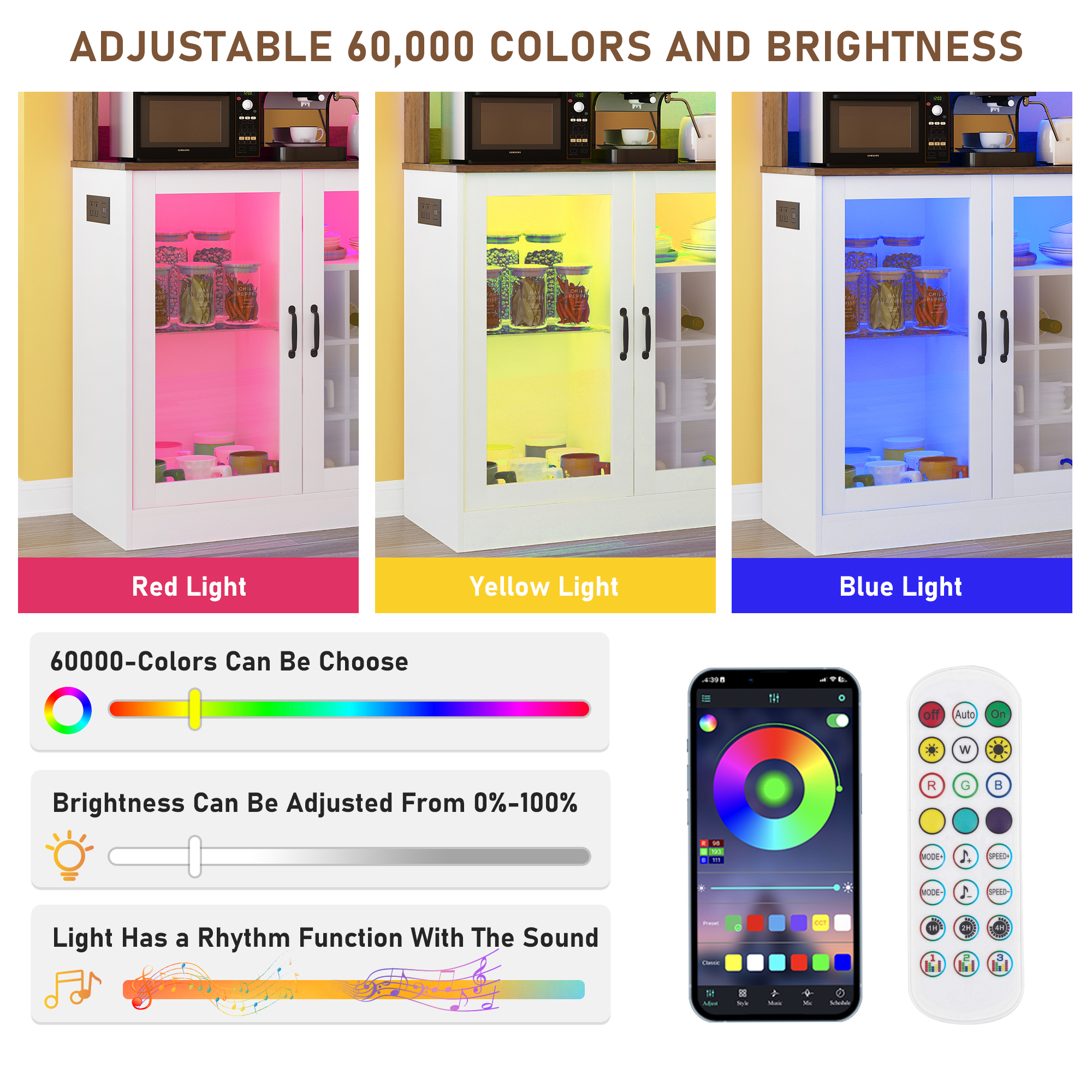 Chvans LED Coffee Bar Cabinet, 58" Tall Bar Cabinet with 2 LED Lights Strips & Power Outlet, Sideboard Buffet Cabinet with Storage Glass Door, Adjustable Glass Shelf, 9 Wine Racks, 6 Hooks