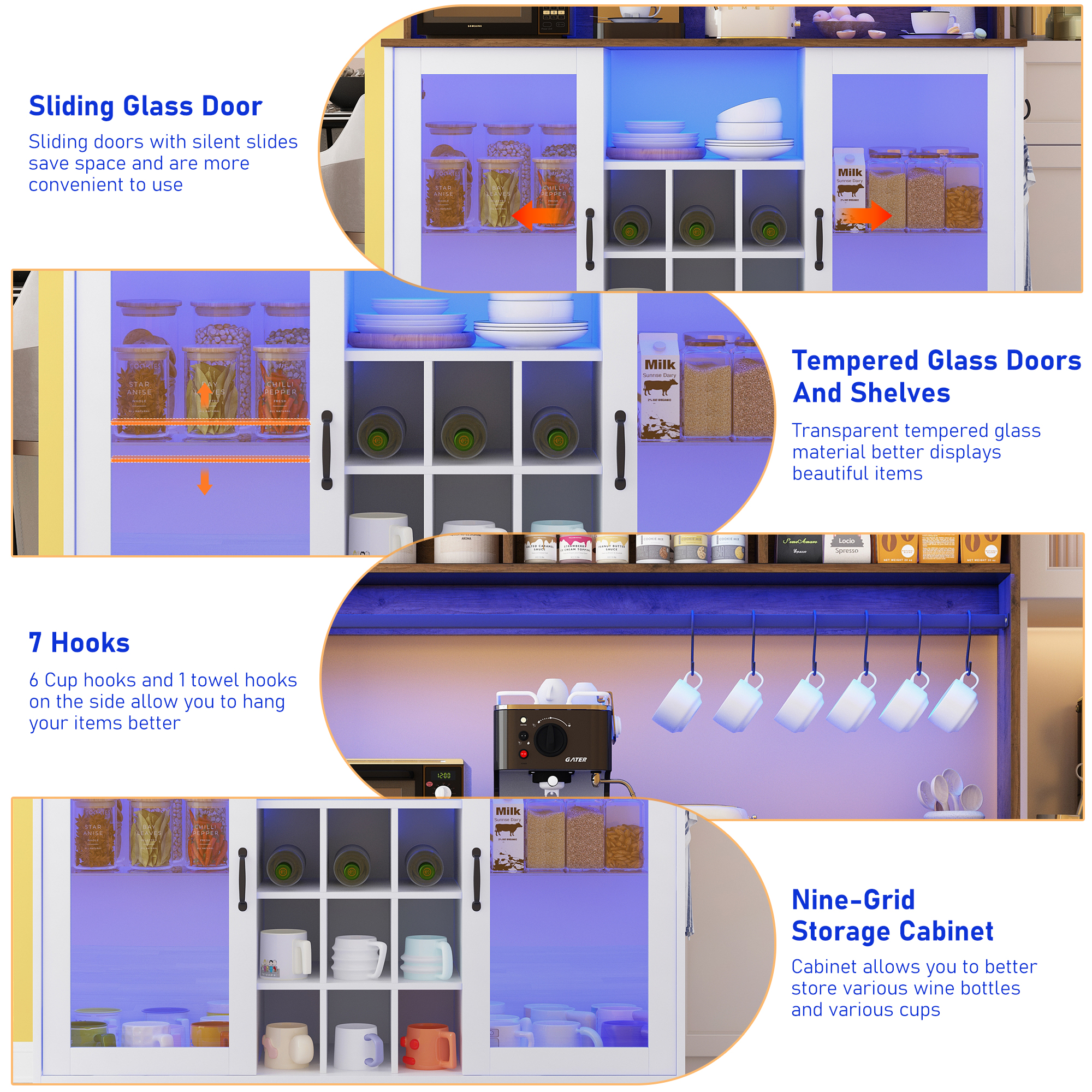 Chvans LED Coffee Bar Cabinet, 58" Tall Bar Cabinet with 2 LED Lights Strips & Power Outlet, Sideboard Buffet Cabinet with Storage Glass Door, Adjustable Glass Shelf, 9 Wine Racks, 6 Hooks