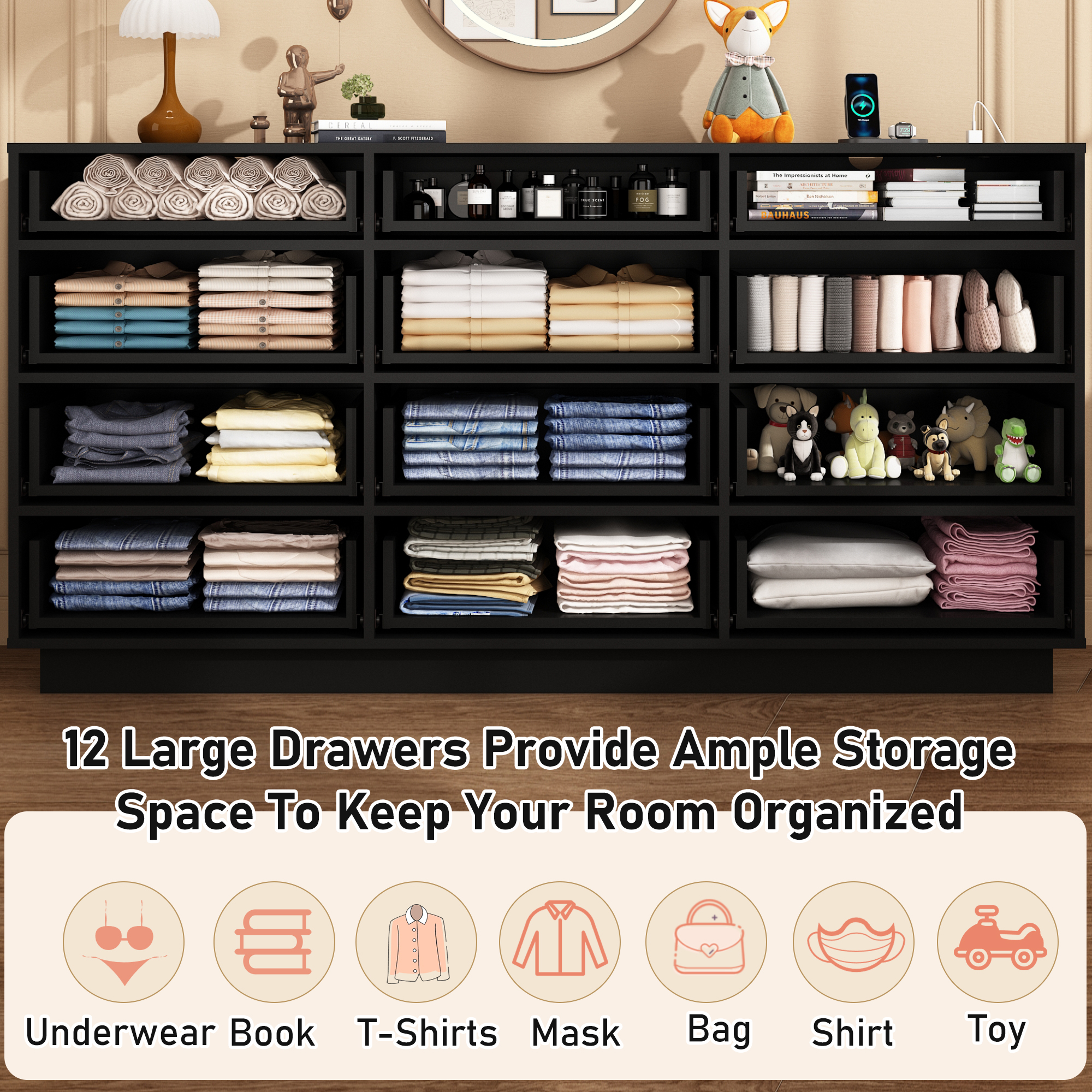 ChVans 12 Drawer Dresser with 60000-color LED Lights & Power Outlet, 63'' Long Modern Chest of Drawers for Closet, Wide Drawer Organizer Cabinet for Bedroom, Living Room, Entryway, Hallway