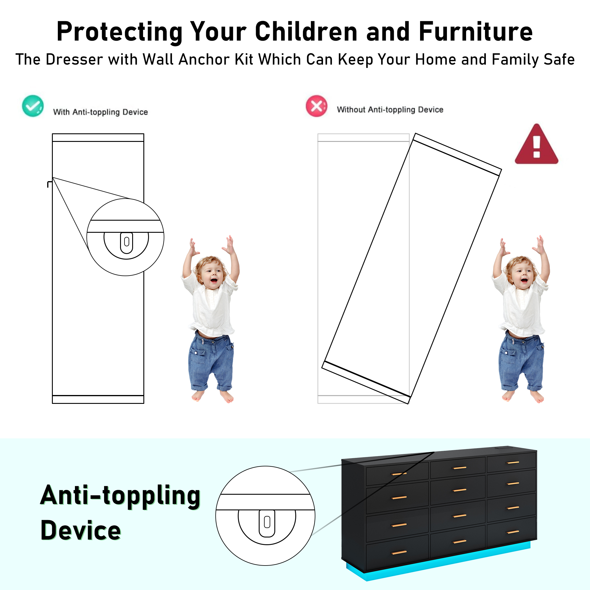 ChVans 12 Drawer Dresser with 60000-color LED Lights & Power Outlet, 63'' Long Modern Chest of Drawers for Closet, Wide Drawer Organizer Cabinet for Bedroom, Living Room, Entryway, Hallway