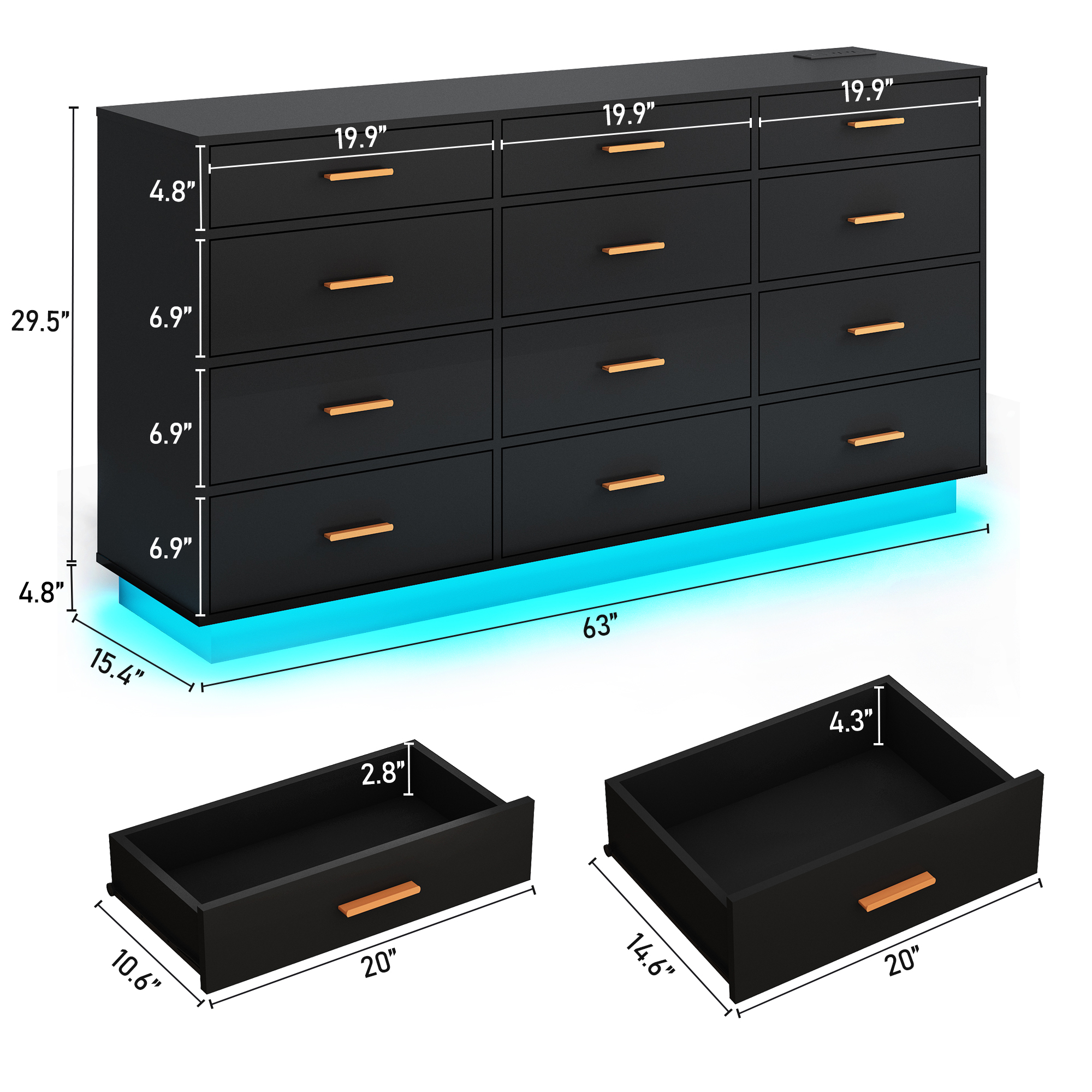 ChVans 12 Drawer Dresser with 60000-color LED Lights & Power Outlet, 63'' Long Modern Chest of Drawers for Closet, Wide Drawer Organizer Cabinet for Bedroom, Living Room, Entryway, Hallway