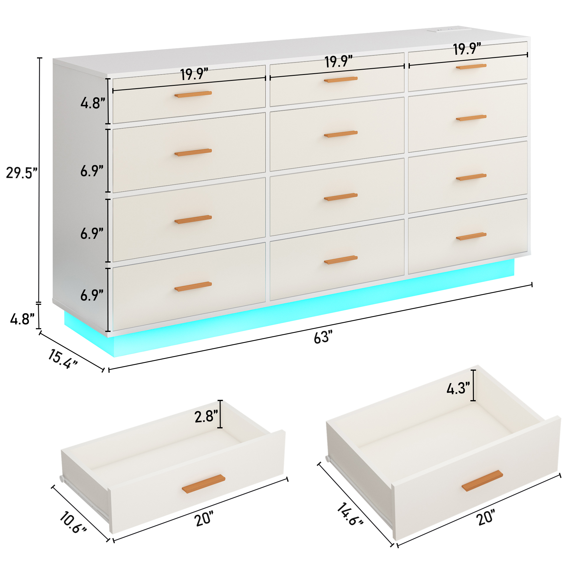 ChVans 12 Drawer Dresser with 60000-color LED Lights & Power Outlet, 63'' Long Modern Chest of Drawers for Closet, Wide Drawer Organizer Cabinet for Bedroom, Living Room, Entryway, Hallway