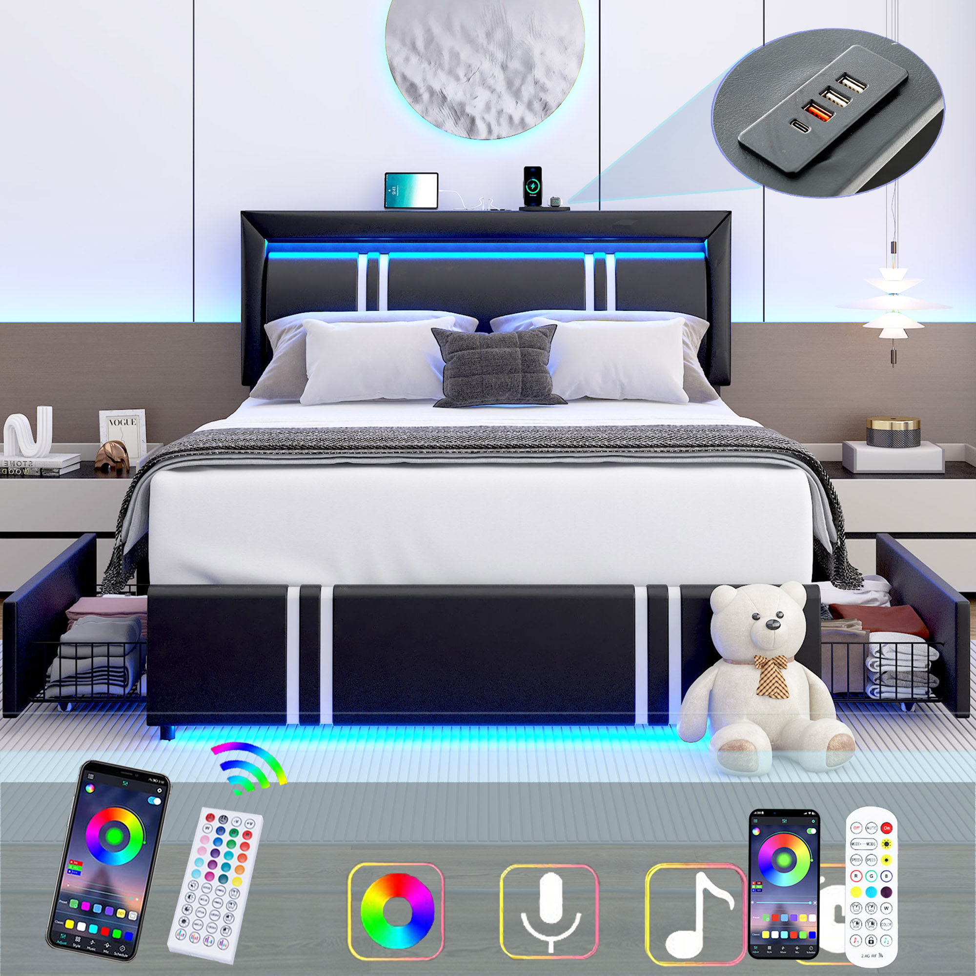 Faux Leather Bed Frame with Adjustable Headboard, LED Light Upholstered Platform Bed