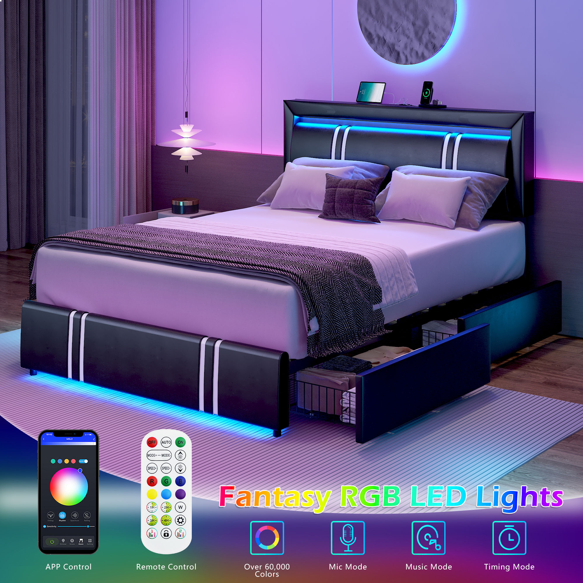 Faux Leather Bed Frame with Adjustable Headboard, LED Light Upholstered Platform Bed