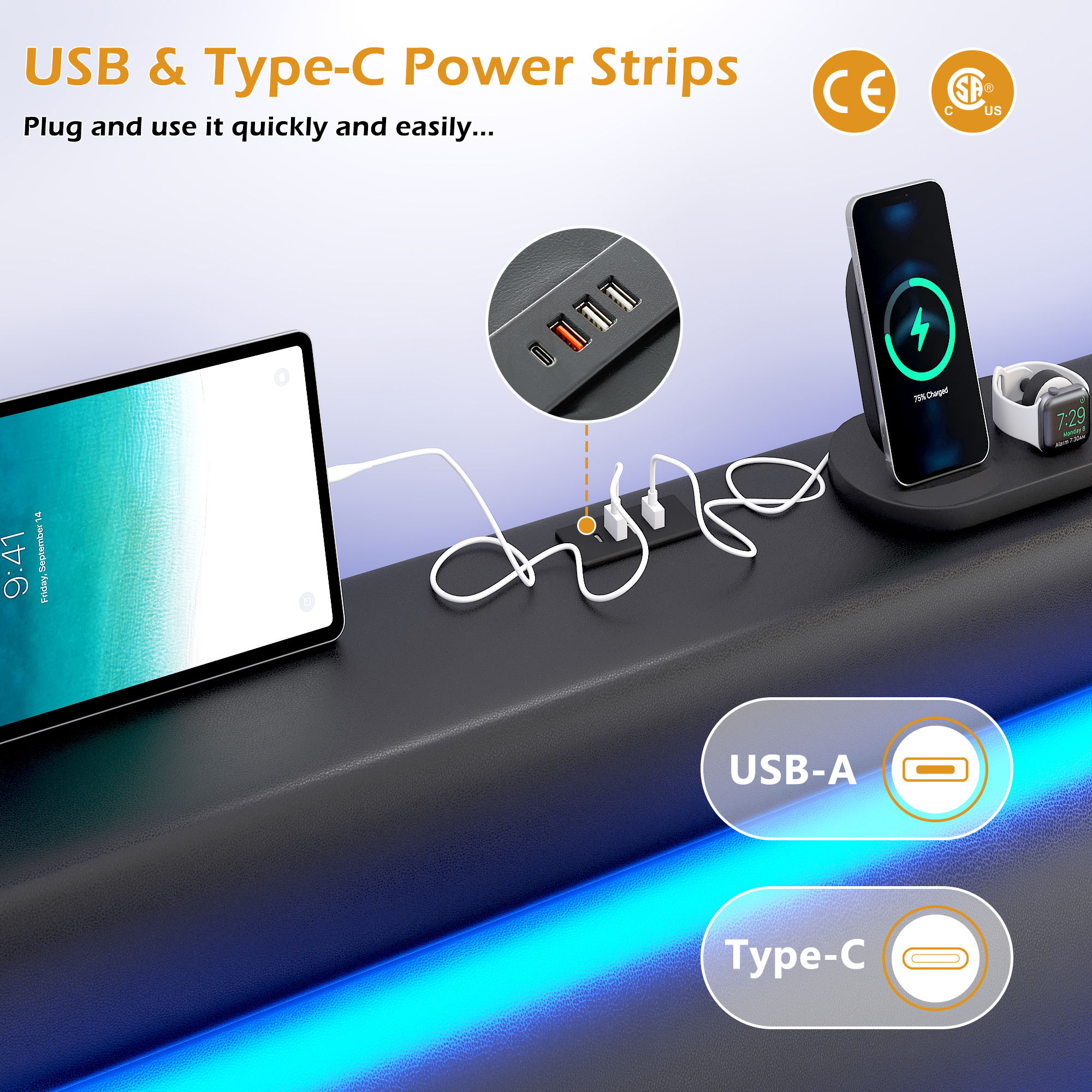 Faux Leather Bed Frame with Adjustable Headboard, LED Light Upholstered Platform Bed