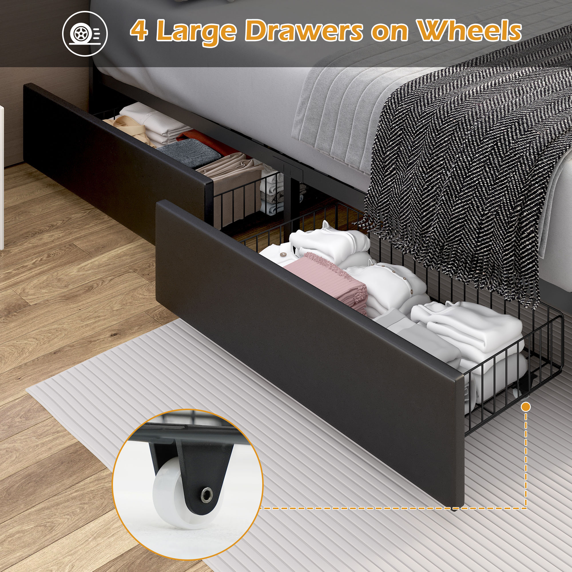 Faux Leather Bed Frame with Adjustable Headboard, LED Light Upholstered Platform Bed