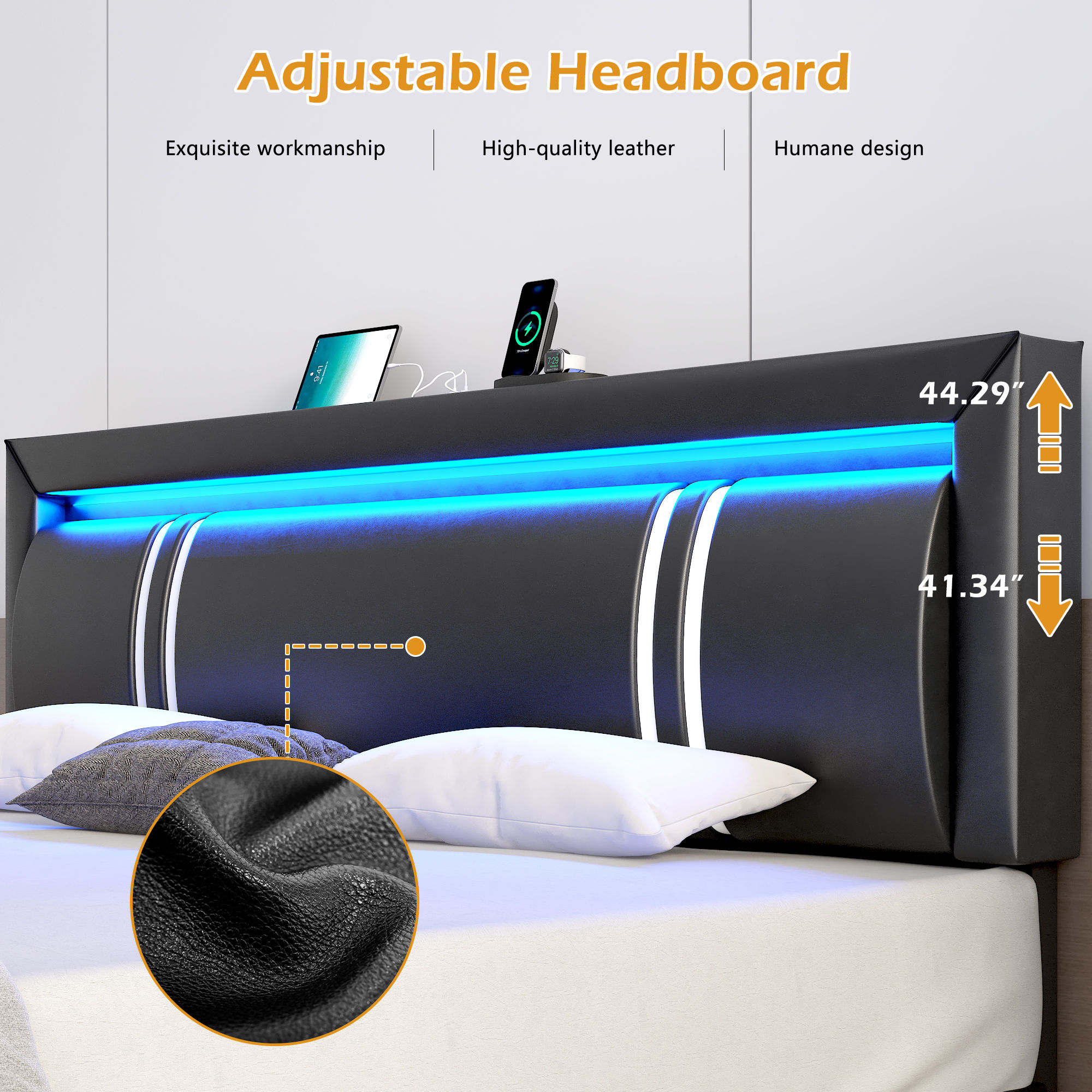 Faux Leather Bed Frame with Adjustable Headboard, LED Light Upholstered Platform Bed