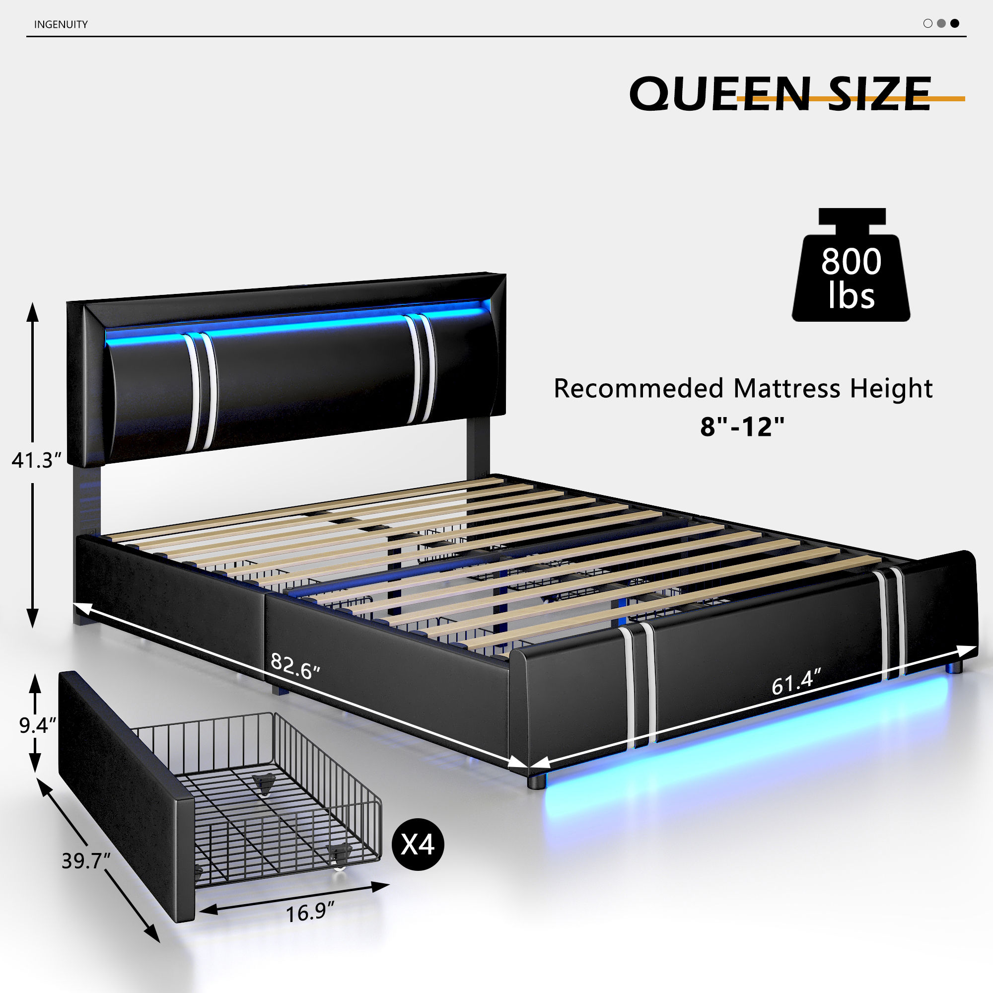 Faux Leather Bed Frame with Adjustable Headboard, LED Light Upholstered Platform Bed