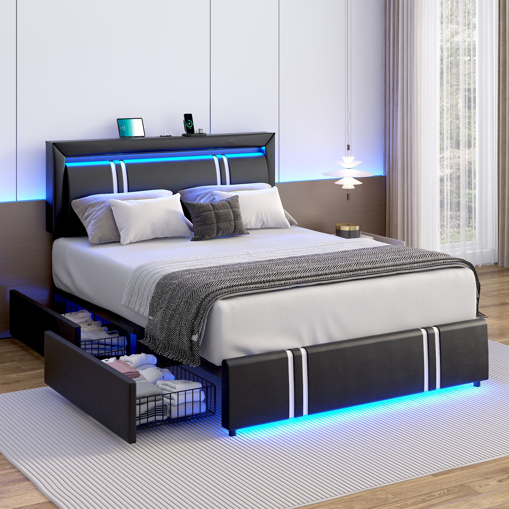 Faux Leather Bed Frame with Adjustable Headboard, LED Light Upholstered Platform Bed