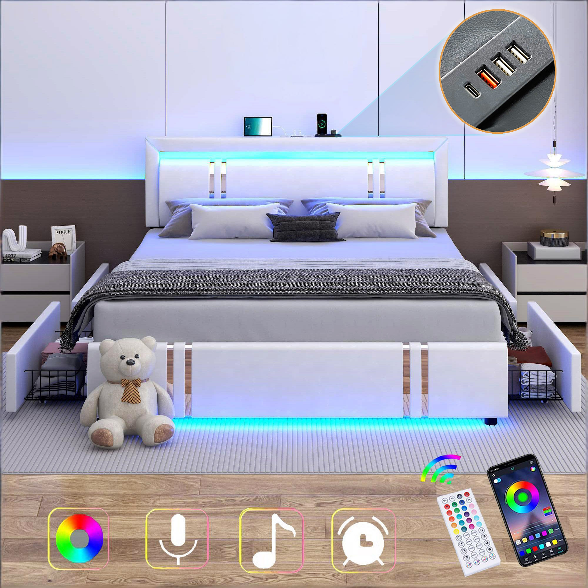 Faux Leather Bed Frame with Adjustable Headboard, LED Light Upholstered Platform Bed