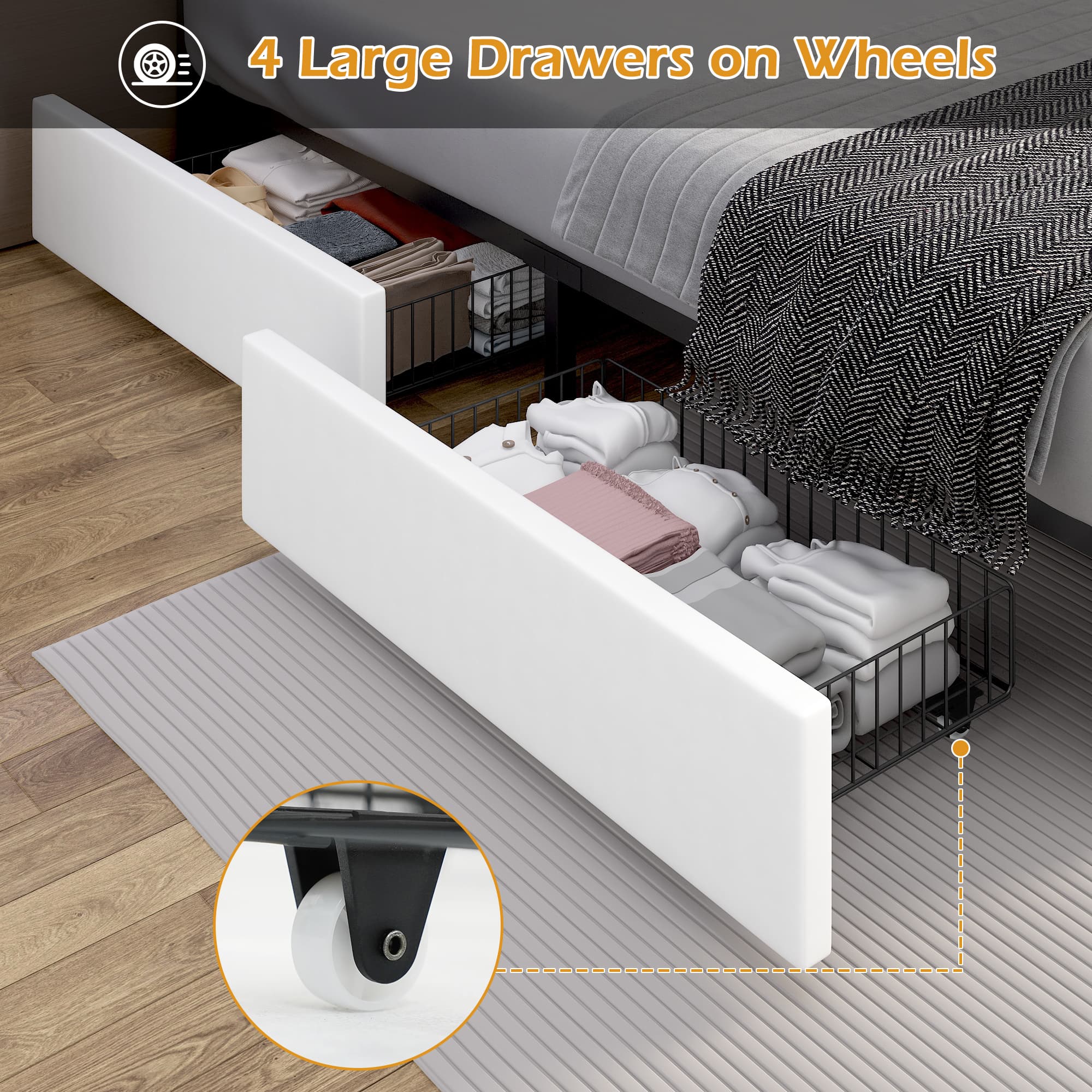 Faux Leather Bed Frame with Adjustable Headboard, LED Light Upholstered Platform Bed