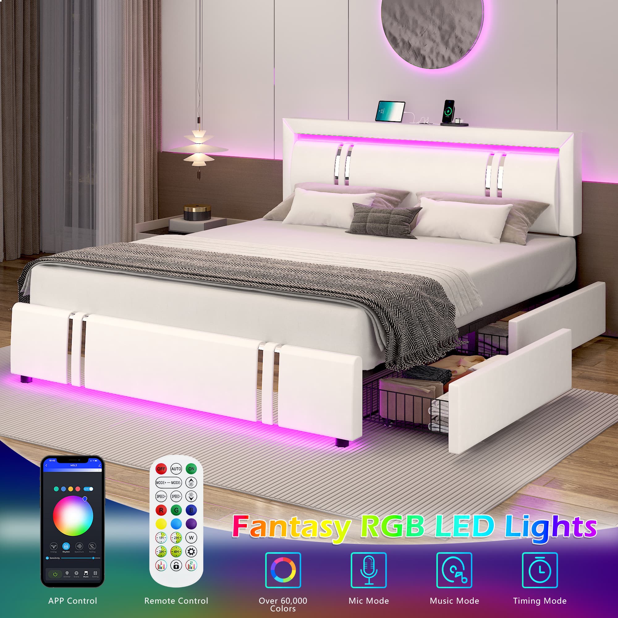 Faux Leather Bed Frame with Adjustable Headboard, LED Light Upholstered Platform Bed