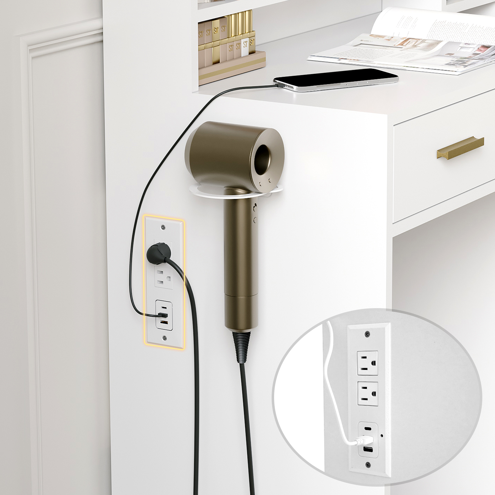 ChVans Makeup Vanity Desk with LED Lighted Mirror & Power Outlet, 45'' Modern Vanity Desk with Jewelry Cabinet, 4 Drawers, Lots Storage Shelves & Adjustable Brightness for Women, Girls Gift