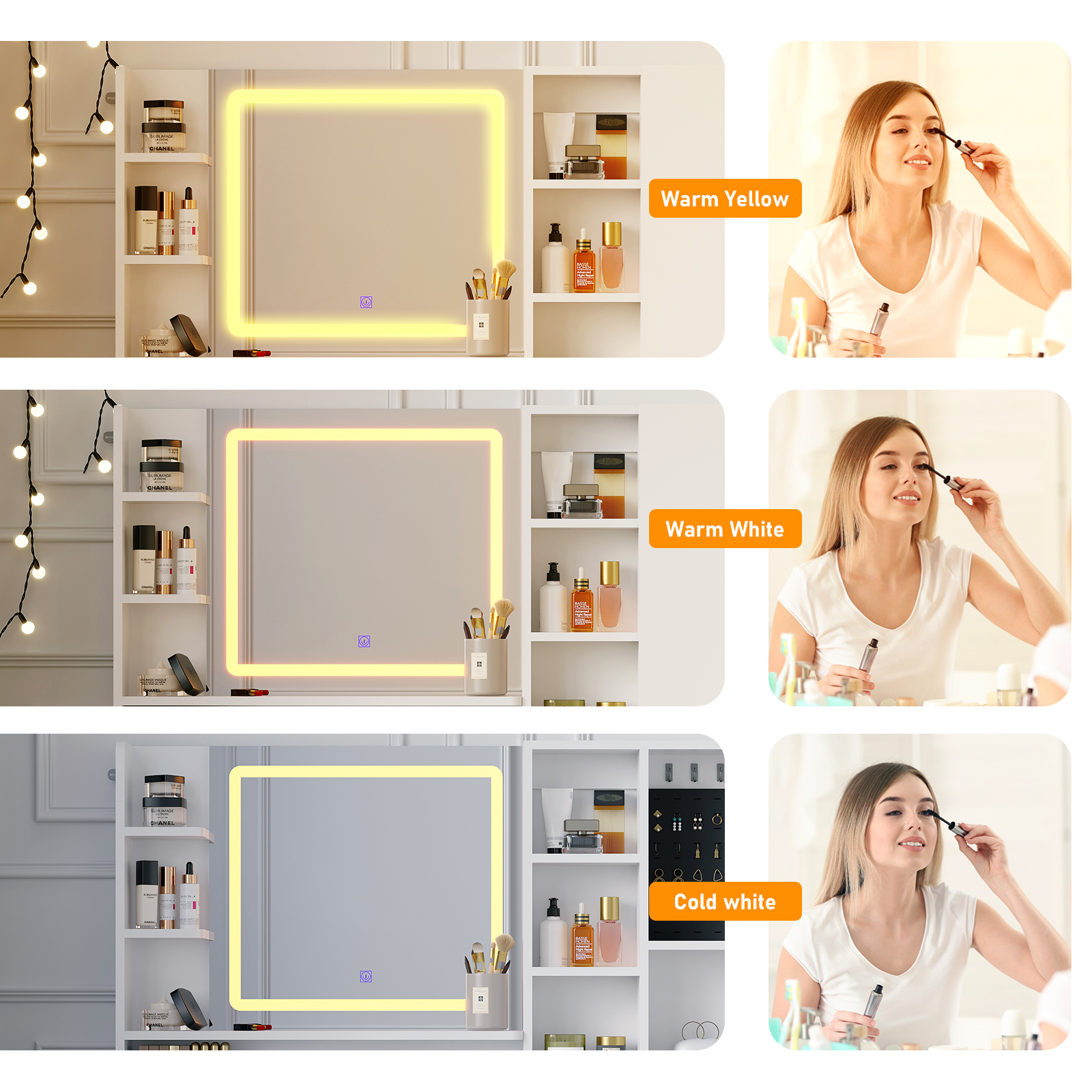 ChVans Makeup Vanity Desk with LED Lighted Mirror & Power Outlet, 45'' Modern Vanity Desk with Jewelry Cabinet, 4 Drawers, Lots Storage Shelves & Adjustable Brightness for Women, Girls Gift