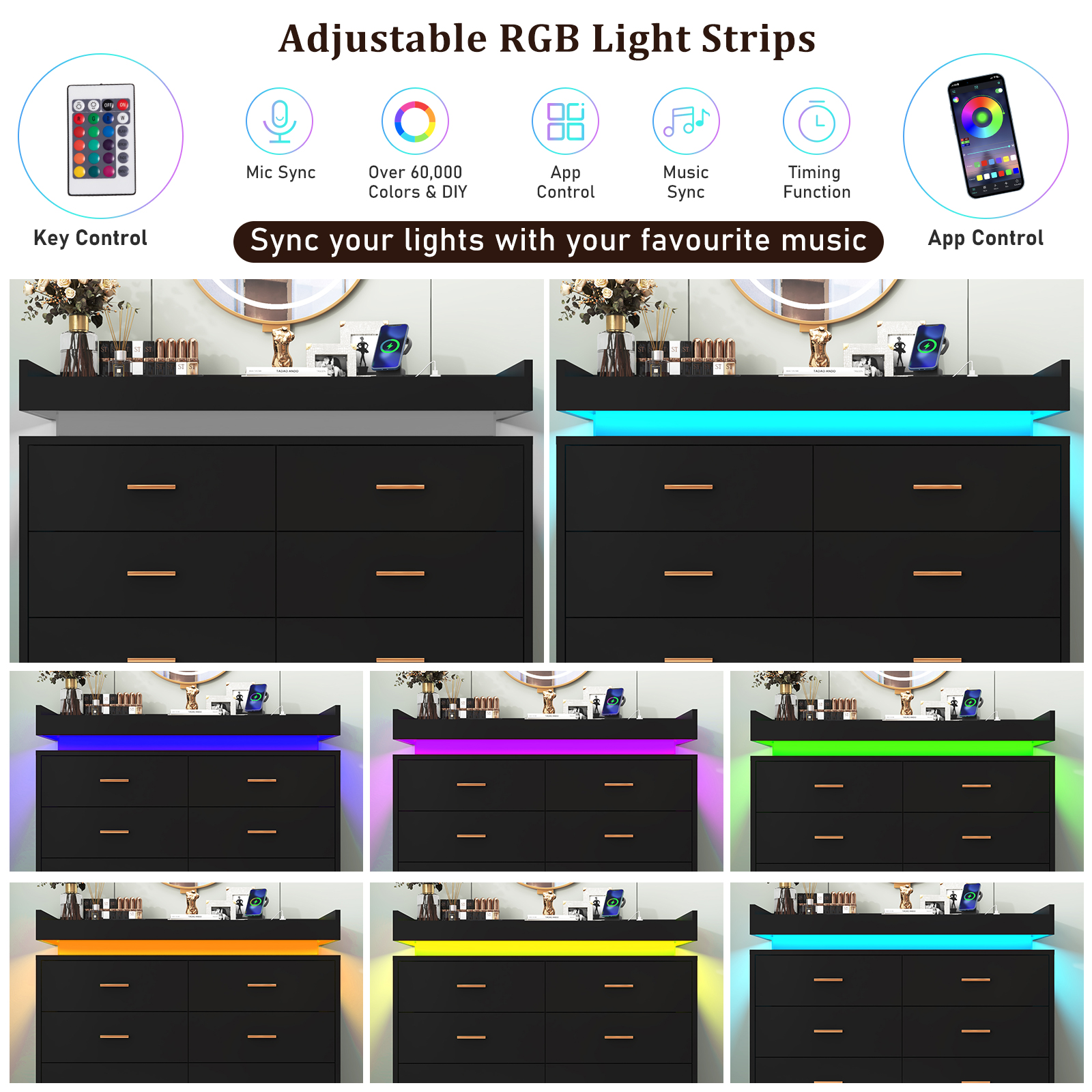 ChVans Black Dresser with Charging Station and LED Lights, Modern Chest of Drawers for Closet, 8 drawer dresser for Bedroom, Living Room, Entryway, Hallway