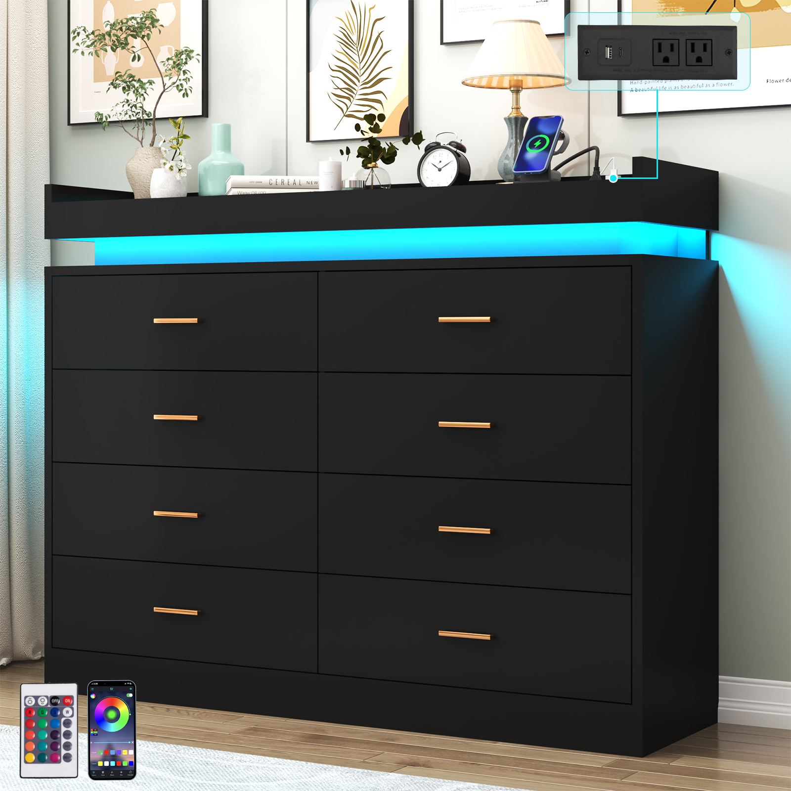 ChVans Black Dresser with Charging Station and LED Lights, Modern Chest of Drawers for Closet, 8 drawer dresser for Bedroom, Living Room, Entryway, Hallway