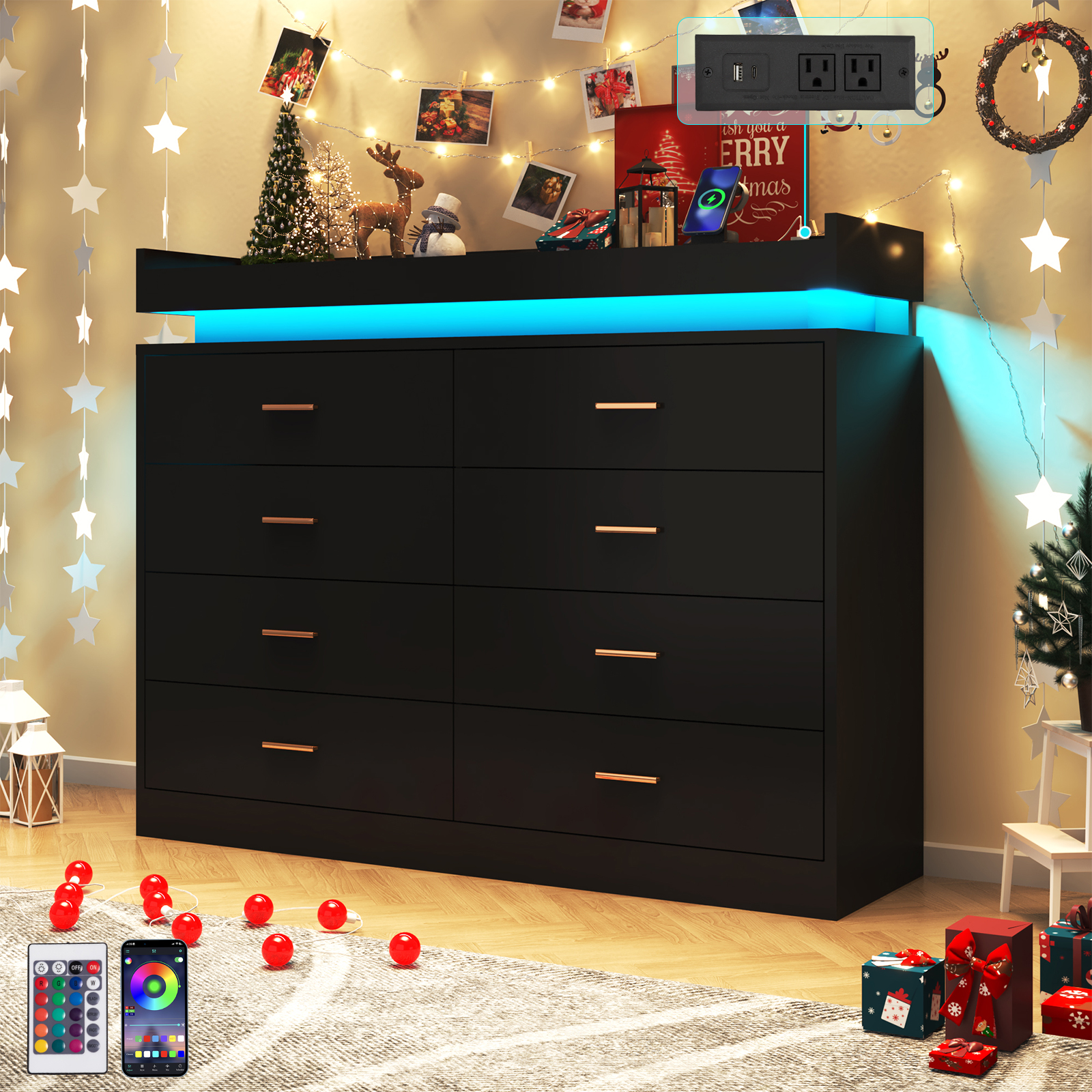 ChVans Black Dresser with Charging Station and LED Lights, Modern Chest of Drawers for Closet, 8 drawer dresser for Bedroom, Living Room, Entryway, Hallway