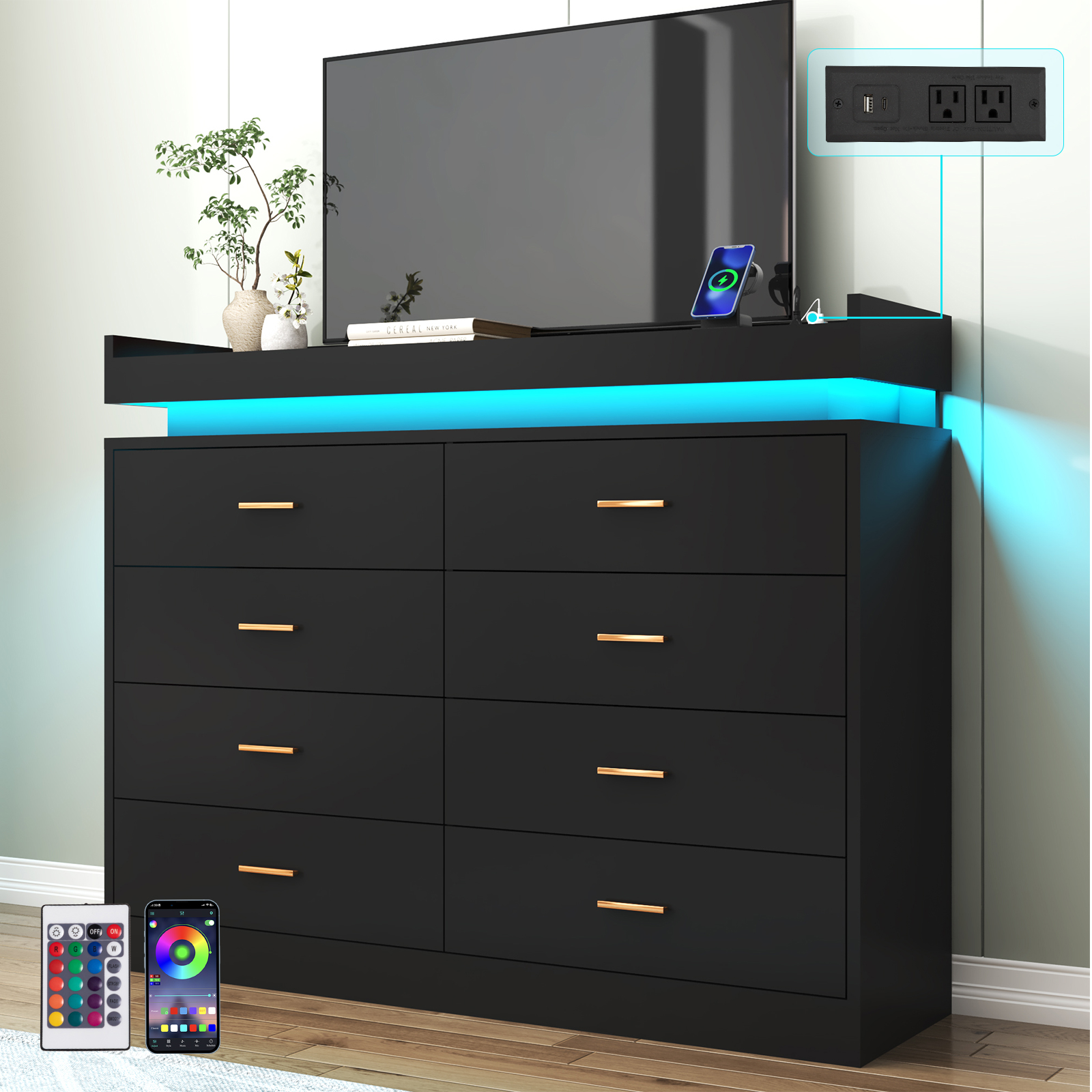 ChVans Black Dresser with Charging Station and LED Lights, Modern Chest of Drawers for Closet, 8 drawer dresser for Bedroom, Living Room, Entryway, Hallway