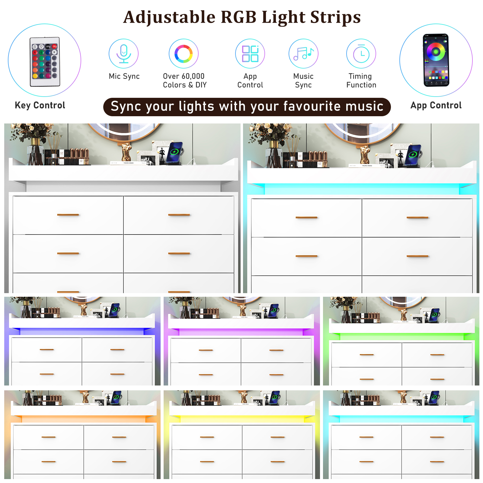 ChVans Black Dresser with Charging Station and LED Lights, Modern Chest of Drawers for Closet, 8 drawer dresser for Bedroom, Living Room, Entryway, Hallway