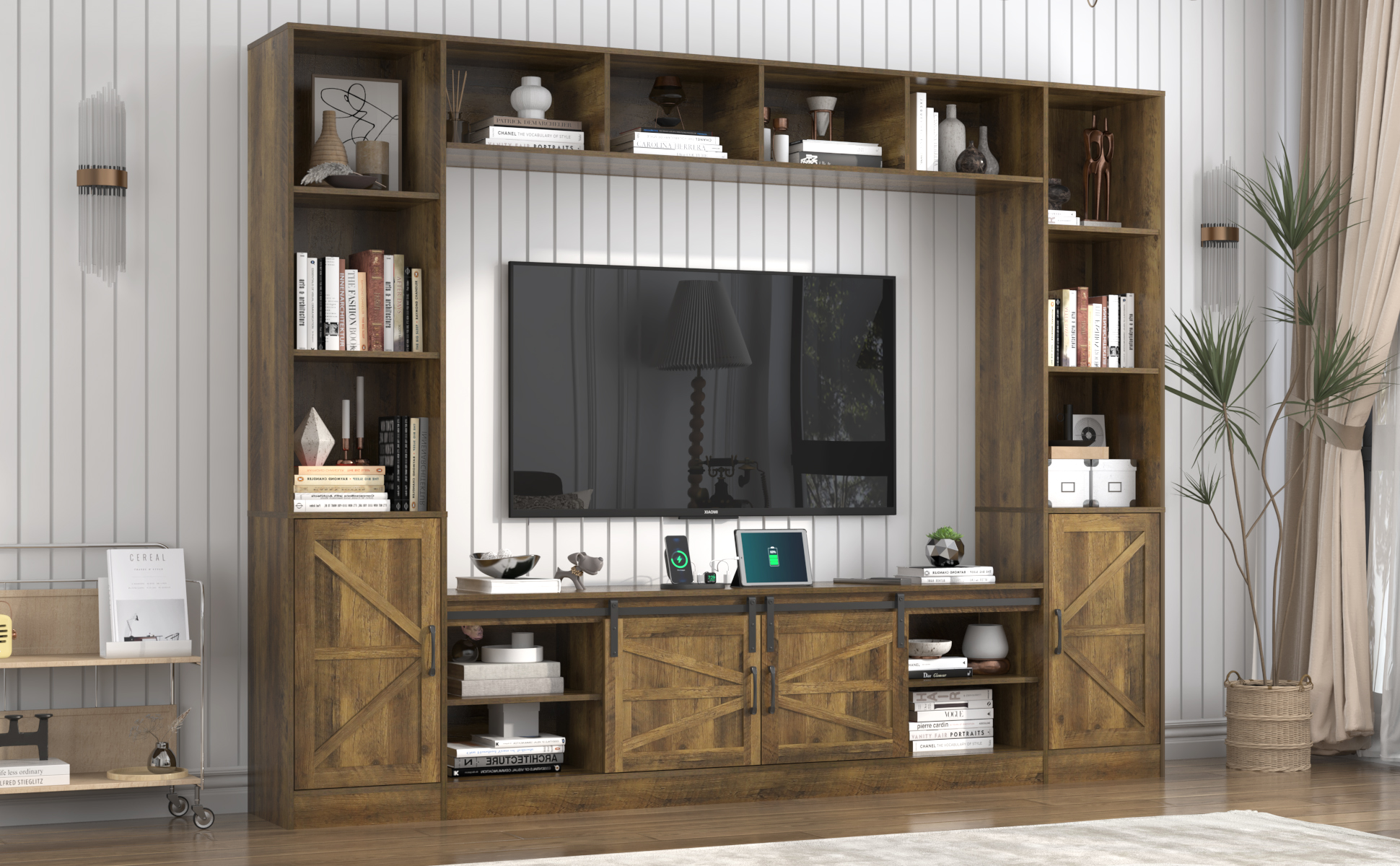 ChVans 4-Piece Rustic Farmhouse Wall Unit Entertainment Center for TVs up to 80", Large Wall Unit TV Stand with Bookshelves, Charging Station & Sliding Barn Door Cabinets, Brown Oak