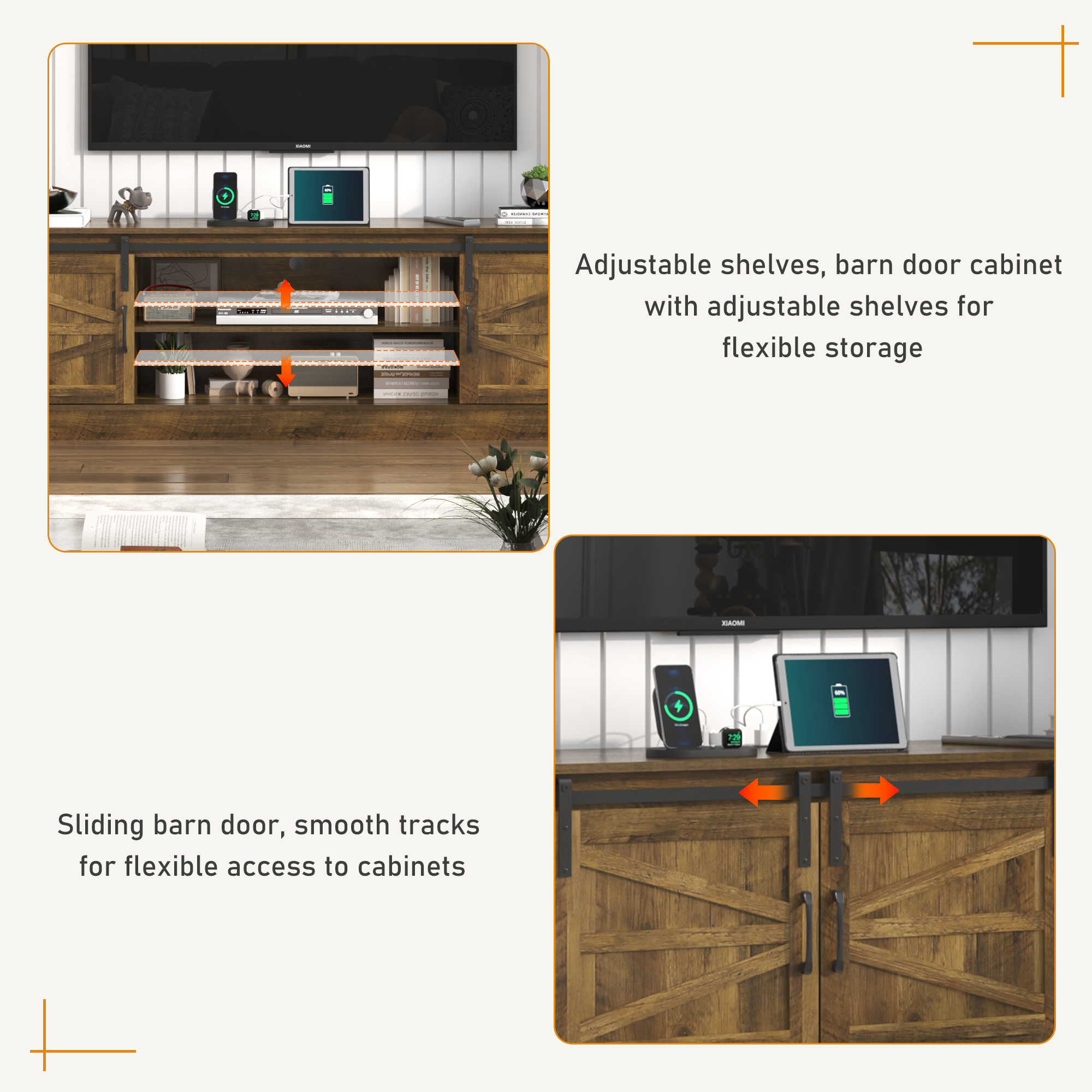 ChVans 4-Piece Rustic Farmhouse Wall Unit Entertainment Center for TVs up to 80", Large Wall Unit TV Stand with Bookshelves, Charging Station & Sliding Barn Door Cabinets, Brown Oak