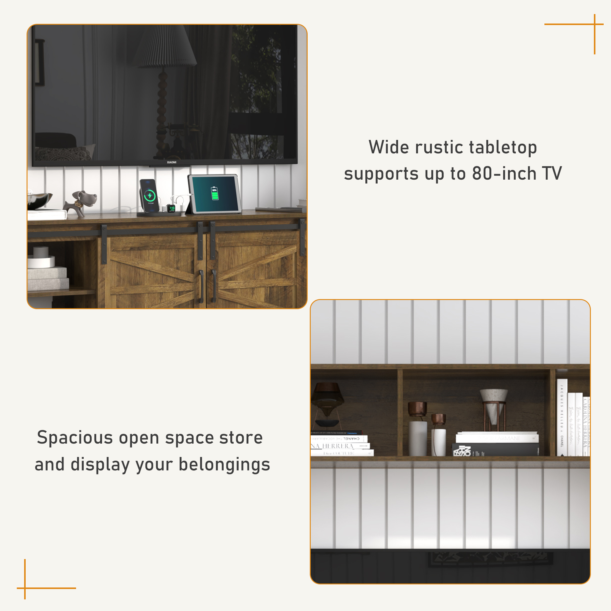 ChVans 4-Piece Rustic Farmhouse Wall Unit Entertainment Center for TVs up to 80", Large Wall Unit TV Stand with Bookshelves, Charging Station & Sliding Barn Door Cabinets, Brown Oak