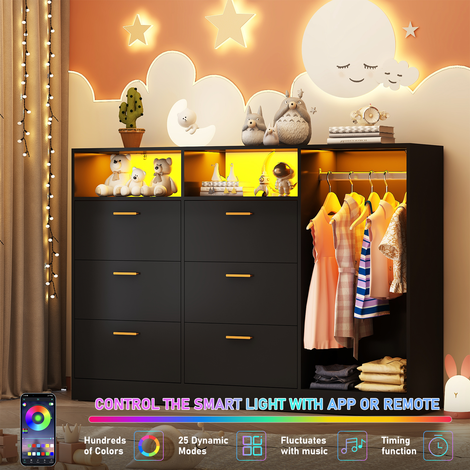 ANPOO 6 Drawer Double Dresser with Clothes Rail and LED Lights, Modern Dresser with Open Storage Space for Bedroom Entryway, Large Capacity, White