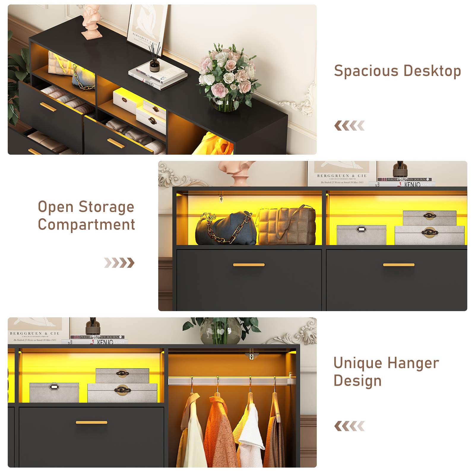 ANPOO 6 Drawer Double Dresser with Clothes Rail and LED Lights, Modern Dresser with Open Storage Space for Bedroom Entryway, Large Capacity, White