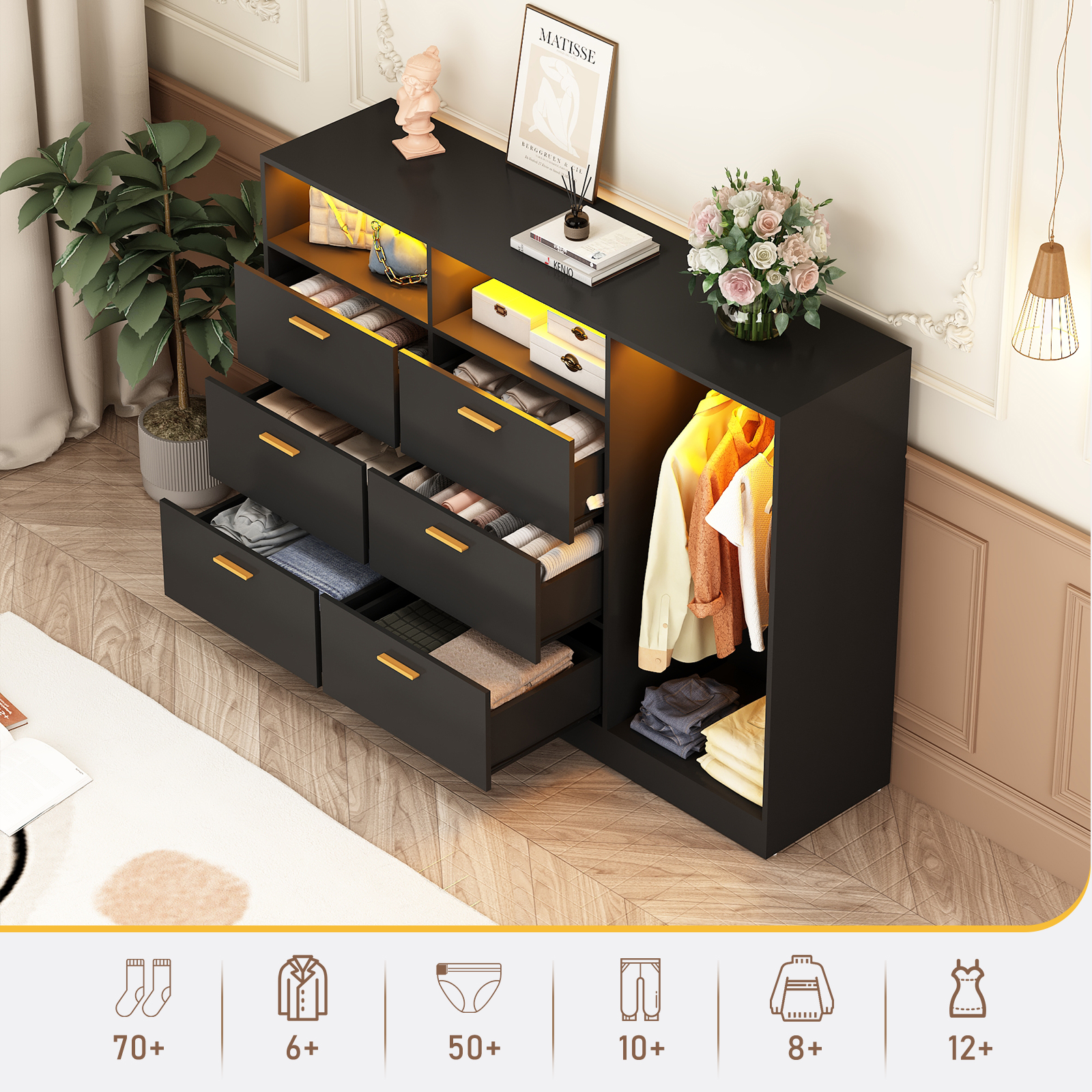 ANPOO 6 Drawer Double Dresser with Clothes Rail and LED Lights, Modern Dresser with Open Storage Space for Bedroom Entryway, Large Capacity, White