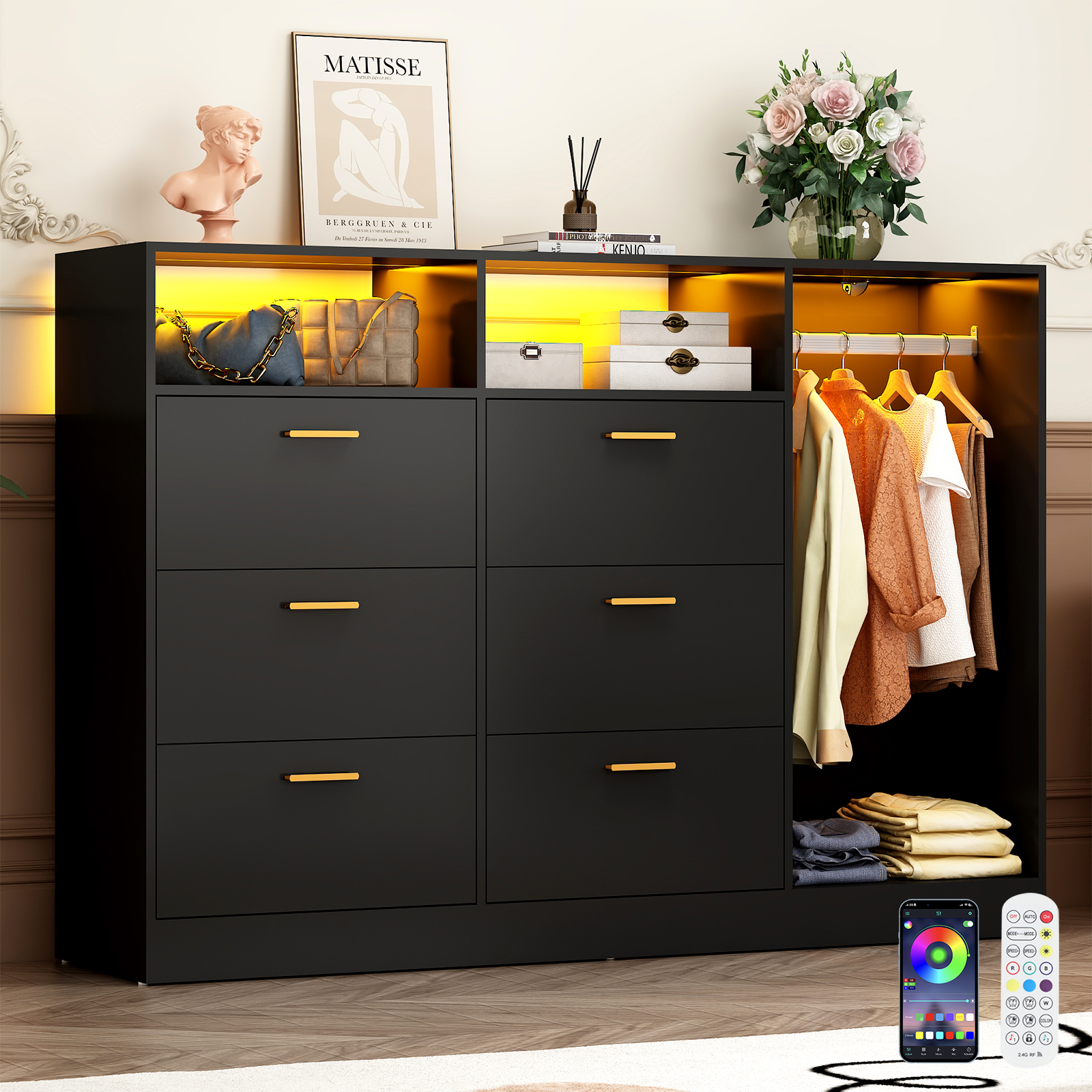 ANPOO 6 Drawer Double Dresser with Clothes Rail and LED Lights, Modern Dresser with Open Storage Space for Bedroom Entryway, Large Capacity, White