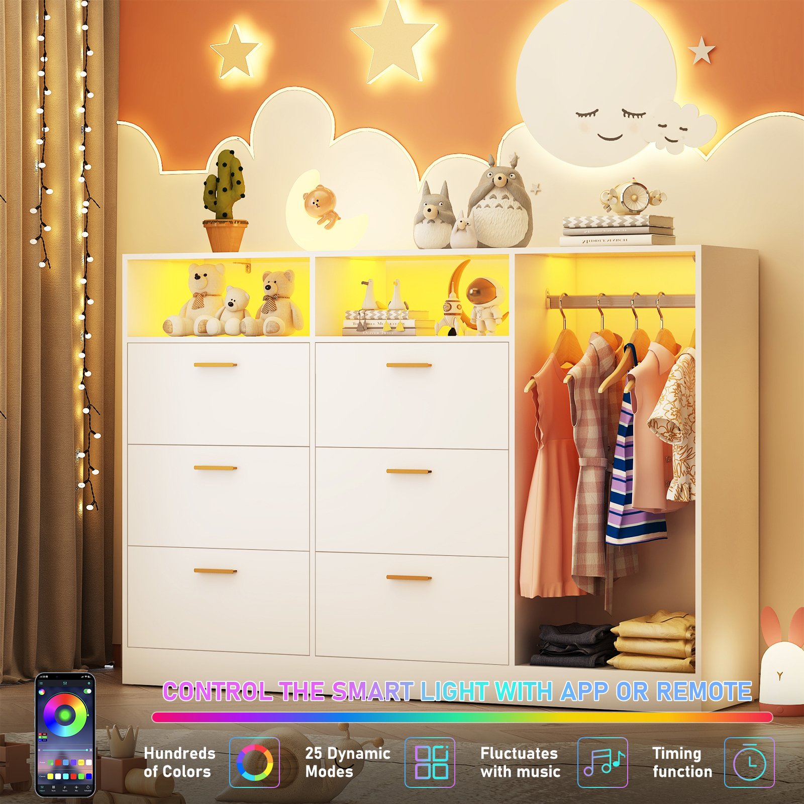 ANPOO 6 Drawer Double Dresser with Clothes Rail and LED Lights, Modern Dresser with Open Storage Space for Bedroom Entryway, Large Capacity, White