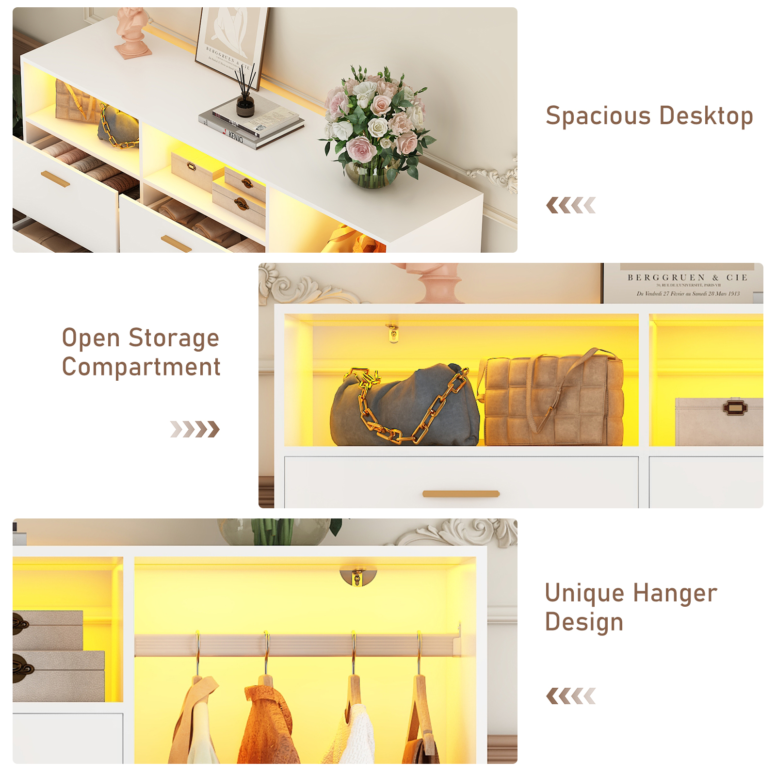 ANPOO 6 Drawer Double Dresser with Clothes Rail and LED Lights, Modern Dresser with Open Storage Space for Bedroom Entryway, Large Capacity, White