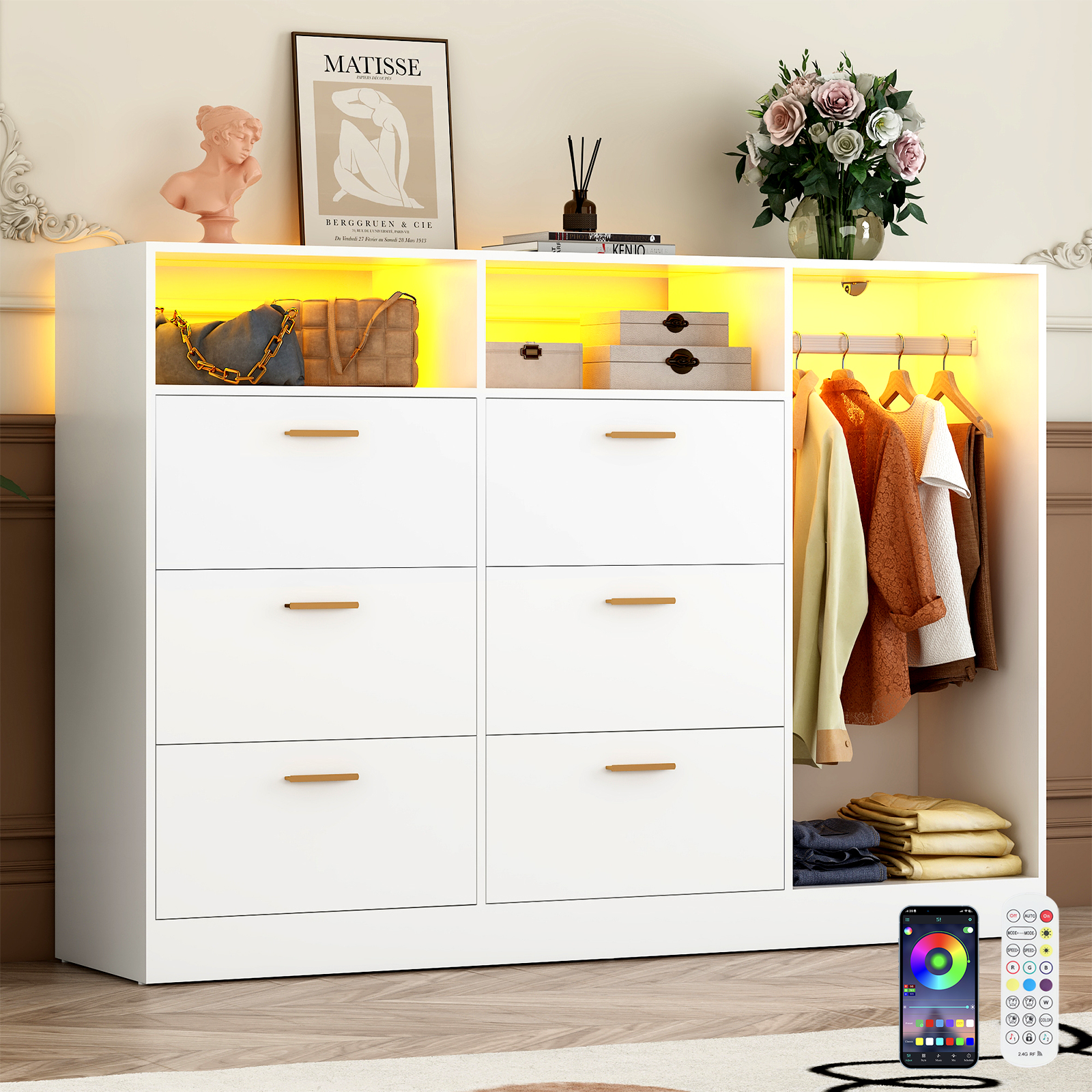 ANPOO 6 Drawer Double Dresser with Clothes Rail and LED Lights, Modern Dresser with Open Storage Space for Bedroom Entryway, Large Capacity, White