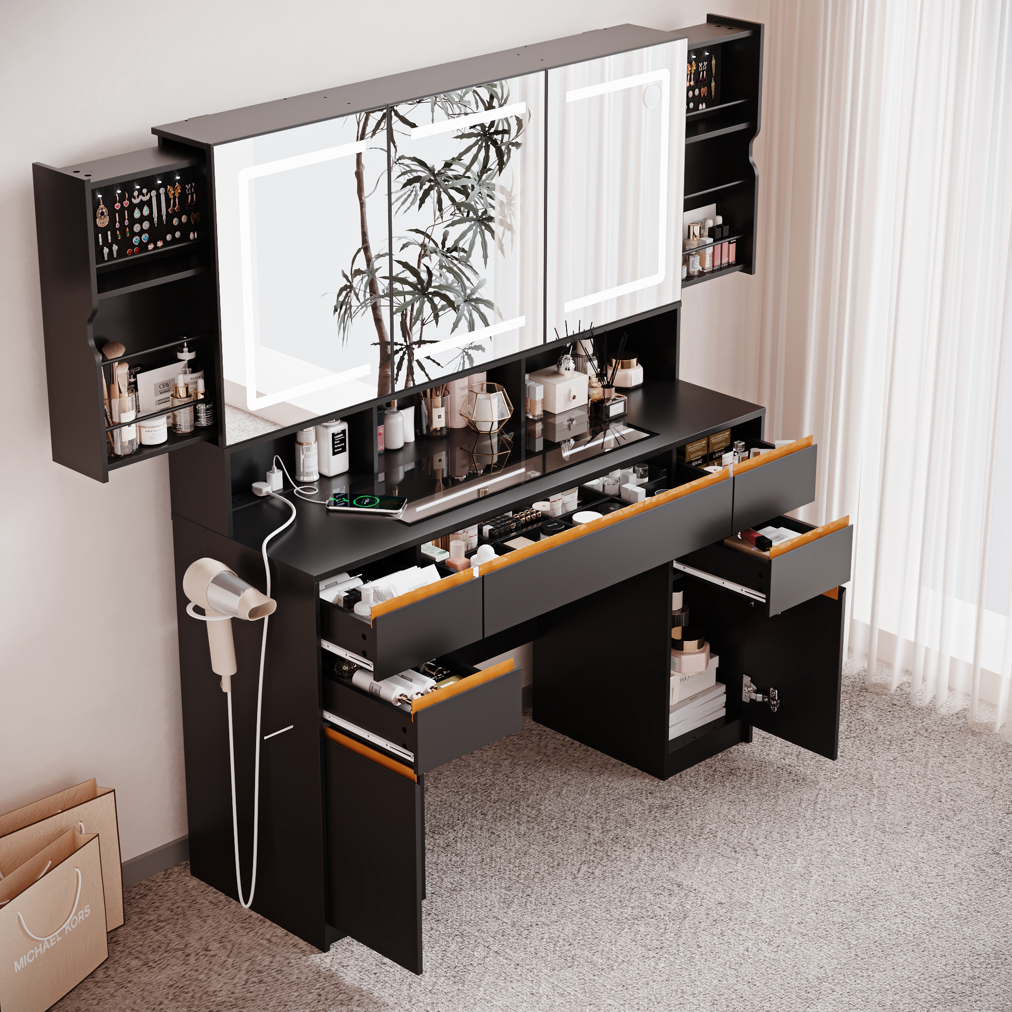 ChVans 47'' Vanity Desk with Large LED Lighted Mirror & Power Outlet, Makeup Vanity with 3 Light Modes, Glass Top, 5 Drawers & 2 Cabinets for Women, Girls Gift