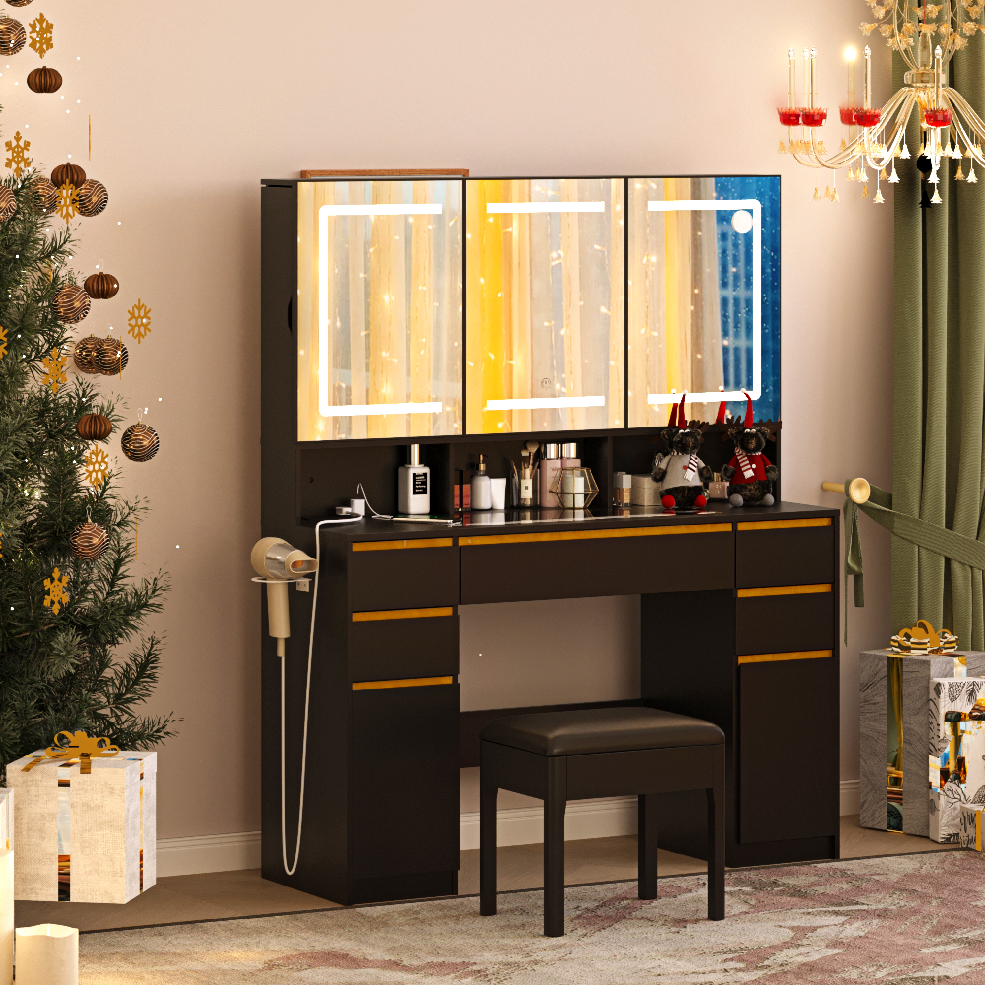 ChVans 47'' Vanity Desk with Large LED Lighted Mirror & Power Outlet, Makeup Vanity with 3 Light Modes, Glass Top, 5 Drawers & 2 Cabinets for Women, Girls Gift