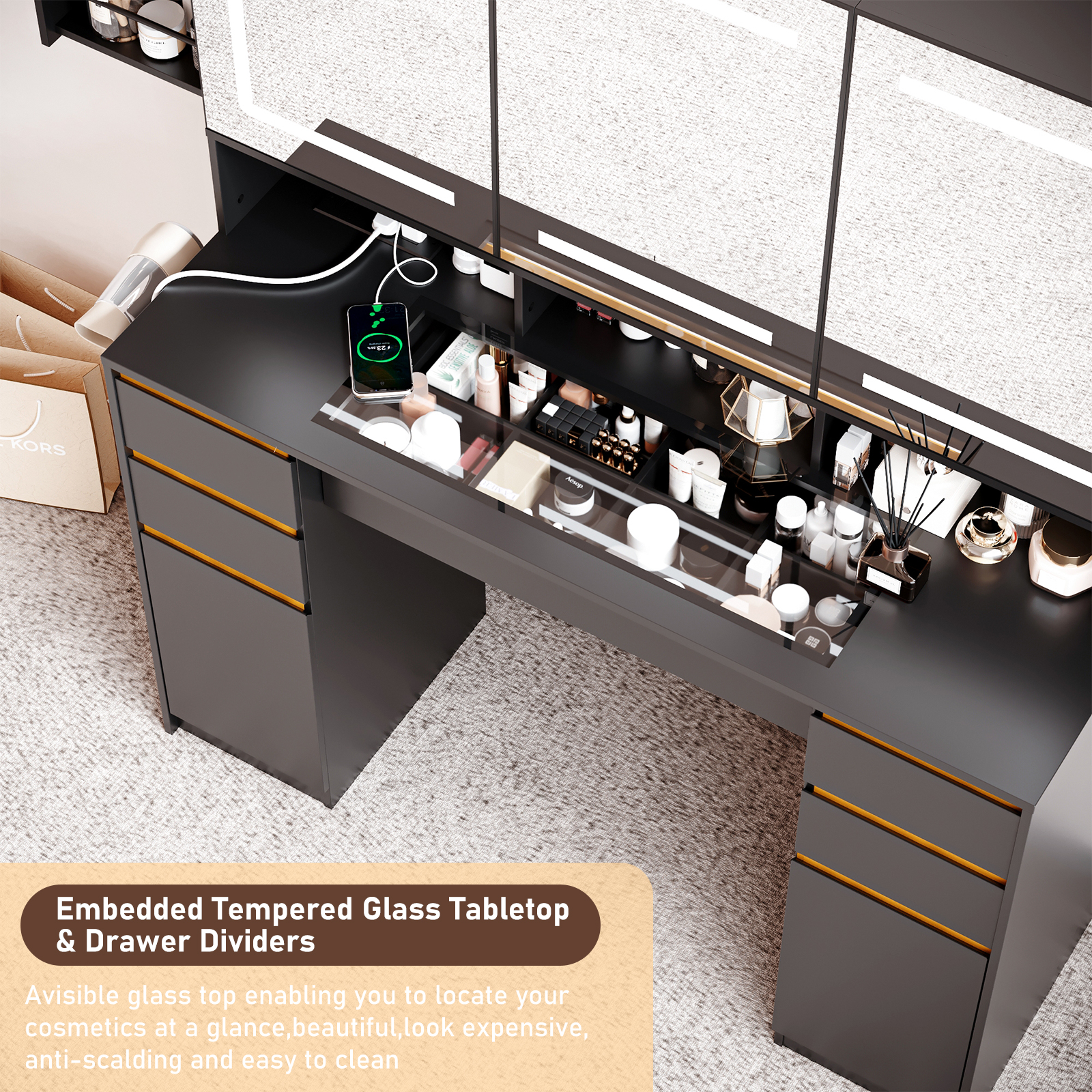 ChVans 47'' Vanity Desk with Large LED Lighted Mirror & Power Outlet, Makeup Vanity with 3 Light Modes, Glass Top, 5 Drawers & 2 Cabinets for Women, Girls Gift