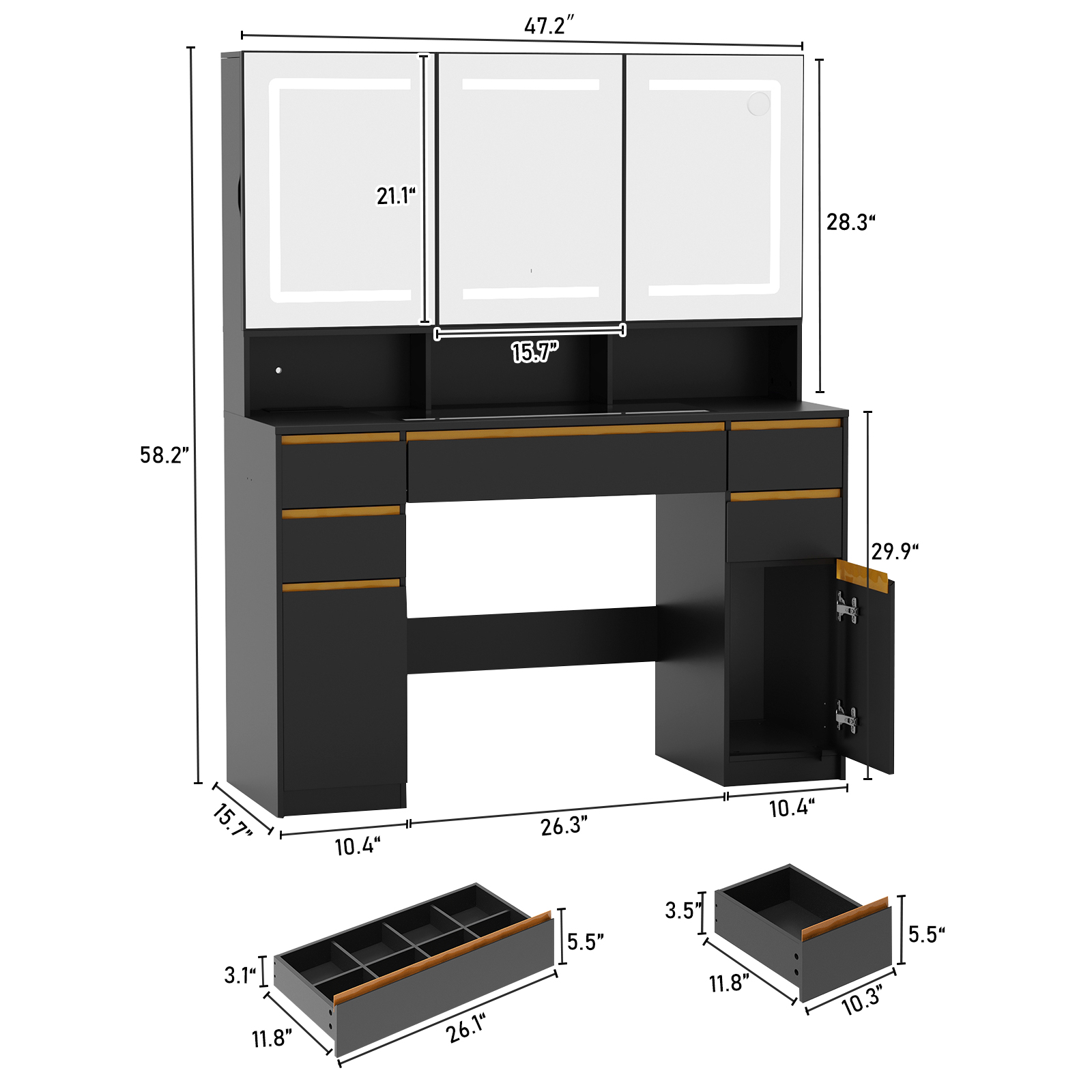 ChVans 47'' Vanity Desk with Large LED Lighted Mirror & Power Outlet, Makeup Vanity with 3 Light Modes, Glass Top, 5 Drawers & 2 Cabinets for Women, Girls Gift