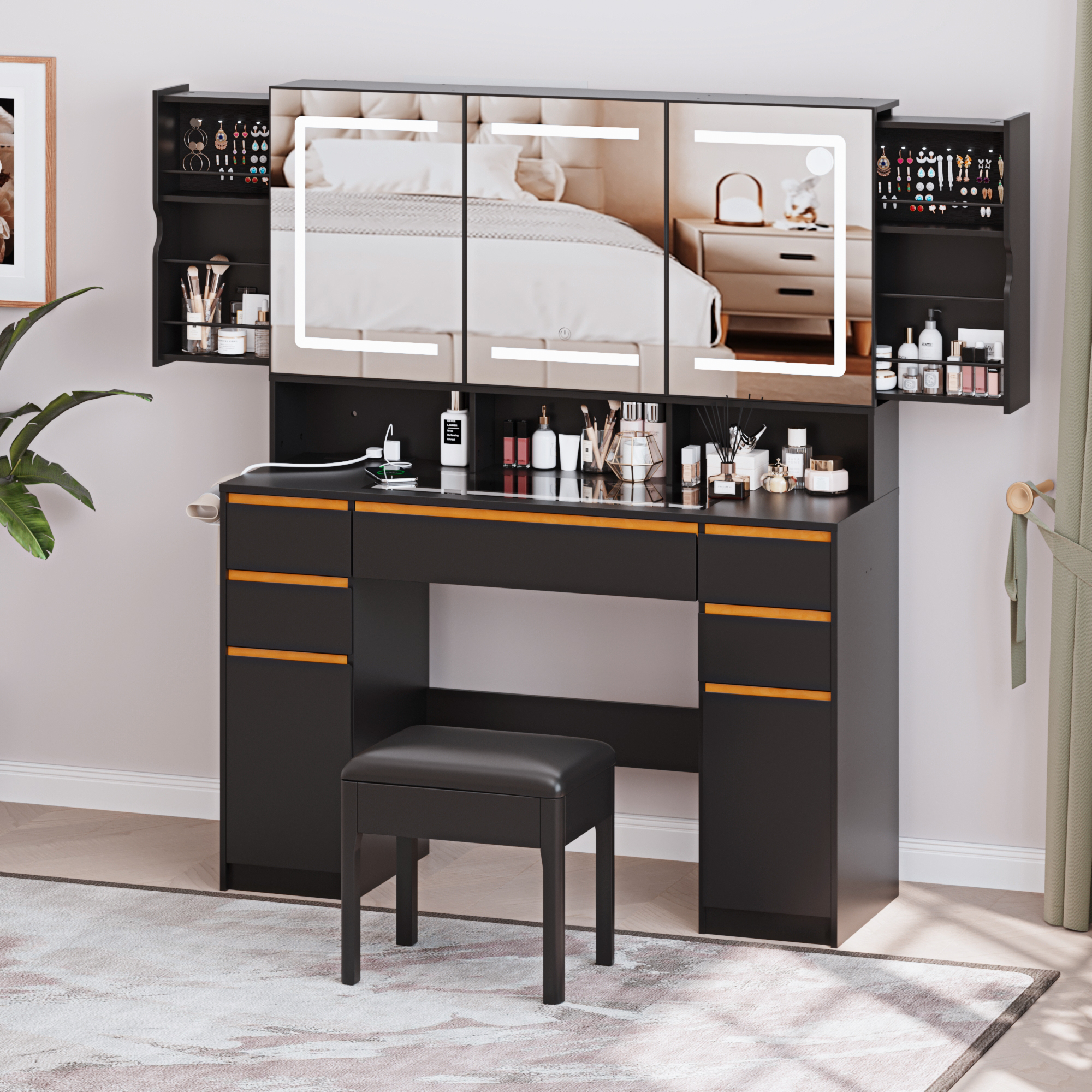 ChVans 47'' Vanity Desk with Large LED Lighted Mirror & Power Outlet, Makeup Vanity with 3 Light Modes, Glass Top, 5 Drawers & 2 Cabinets for Women, Girls Gift