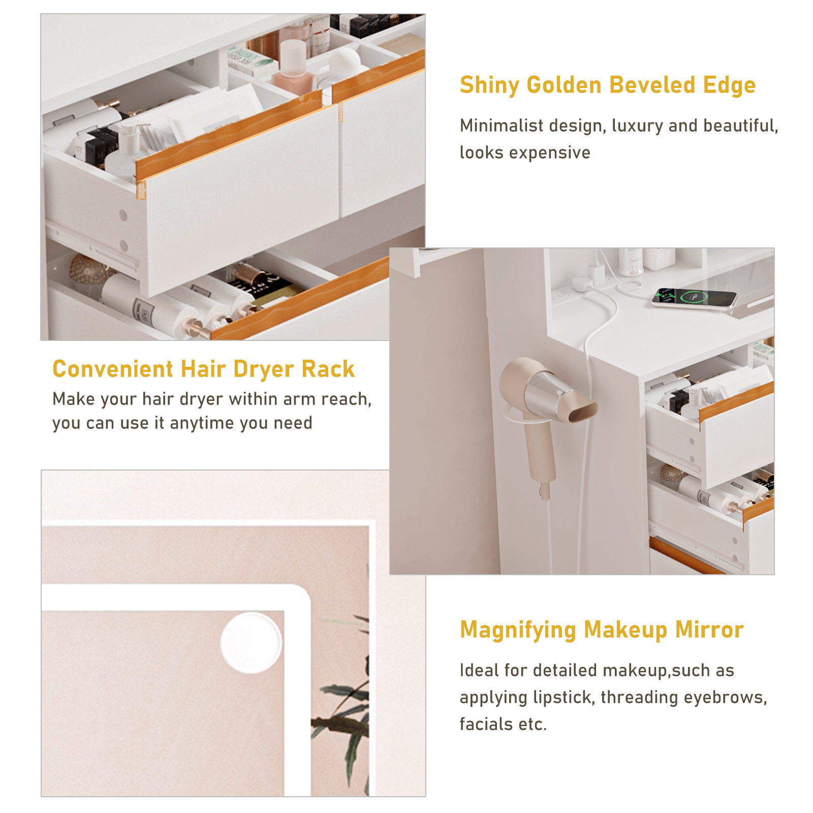 ChVans 47'' Vanity Desk with Large LED Lighted Mirror & Power Outlet, Makeup Vanity with 3 Light Modes, Glass Top, 5 Drawers & 2 Cabinets for Women, Girls Gift